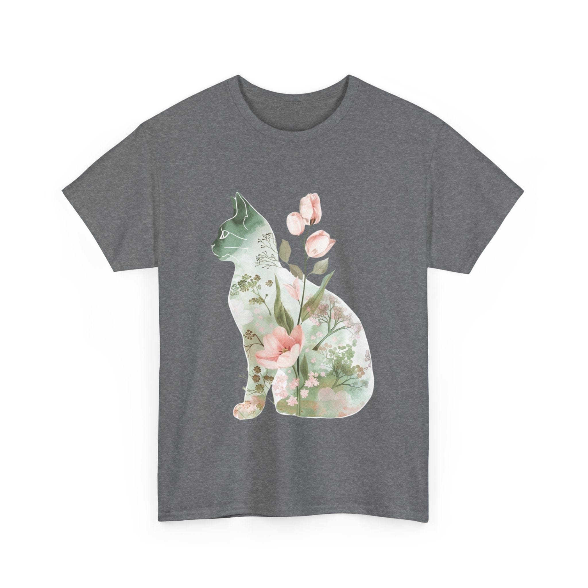 Printify T-Shirt Floral Cat Unisex Heavy Cotton Tee