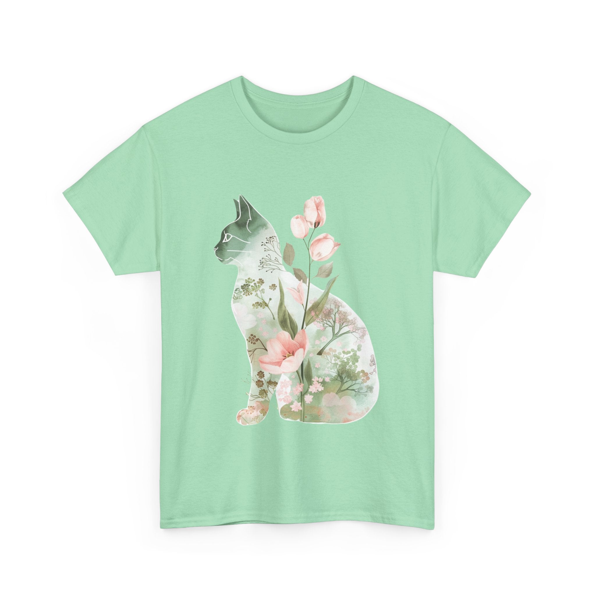 Printify T-Shirt Floral Cat Unisex Heavy Cotton Tee