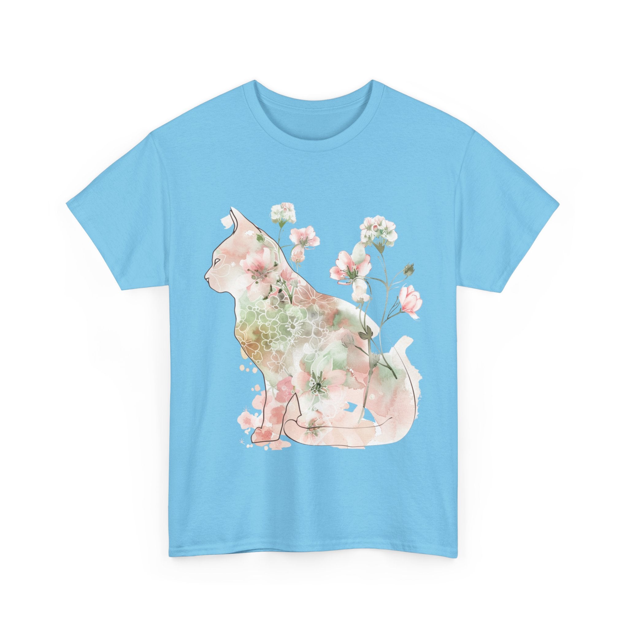 Printify T-Shirt Floral Cat Unisex Heavy Cotton Tee