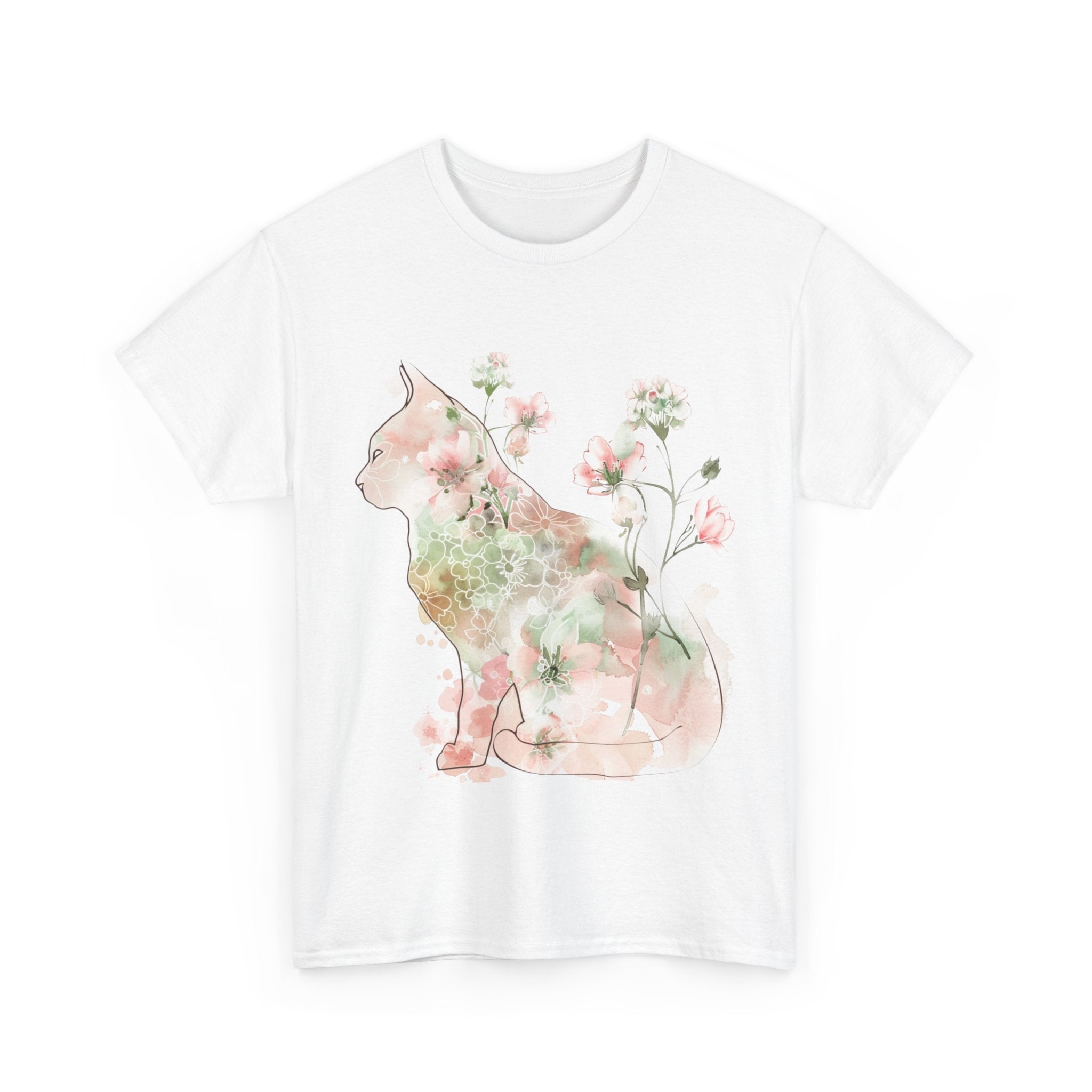 Printify T-Shirt Floral Cat Unisex Heavy Cotton Tee