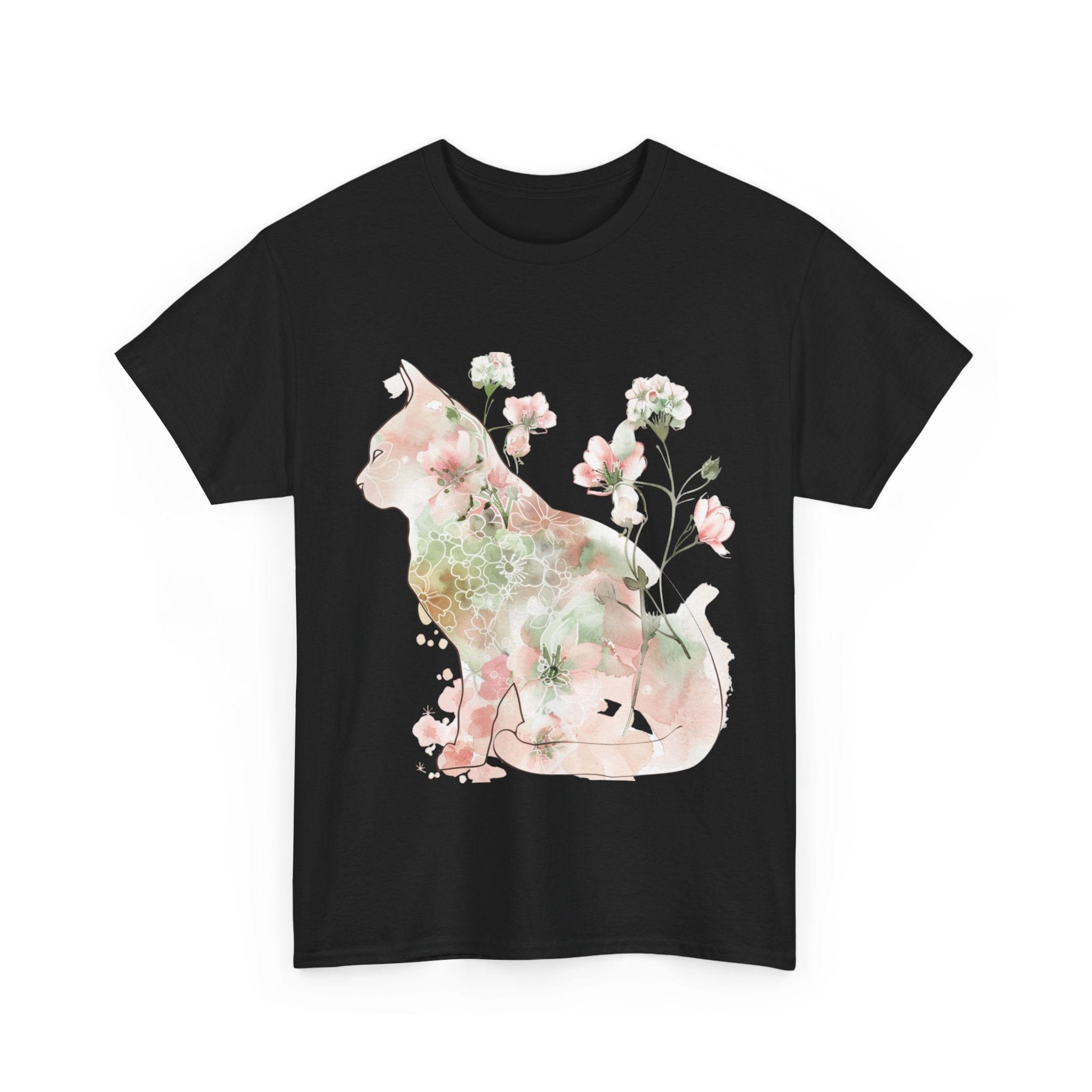 Printify T-Shirt Floral Cat Unisex Heavy Cotton Tee