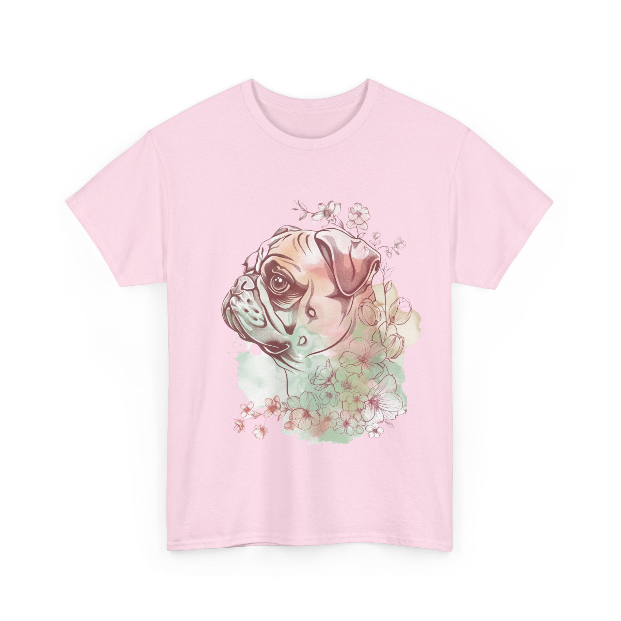 Printify T-Shirt Floral Pug Silhouette Unisex Heavy Cotton Tee