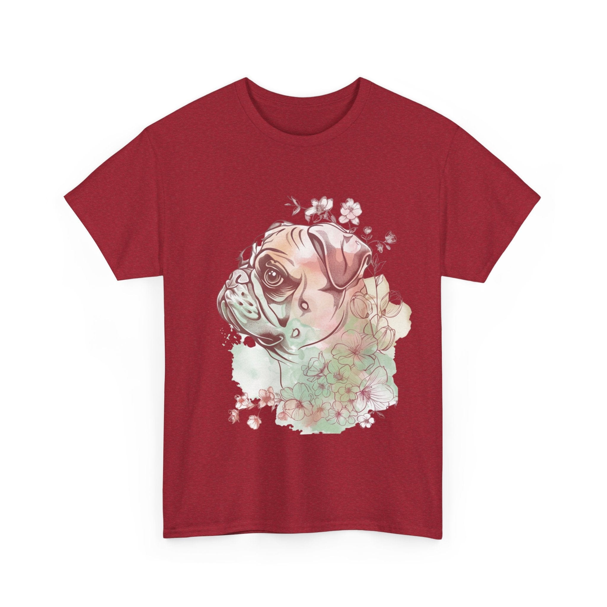 Printify T-Shirt Floral Pug Silhouette Unisex Heavy Cotton Tee