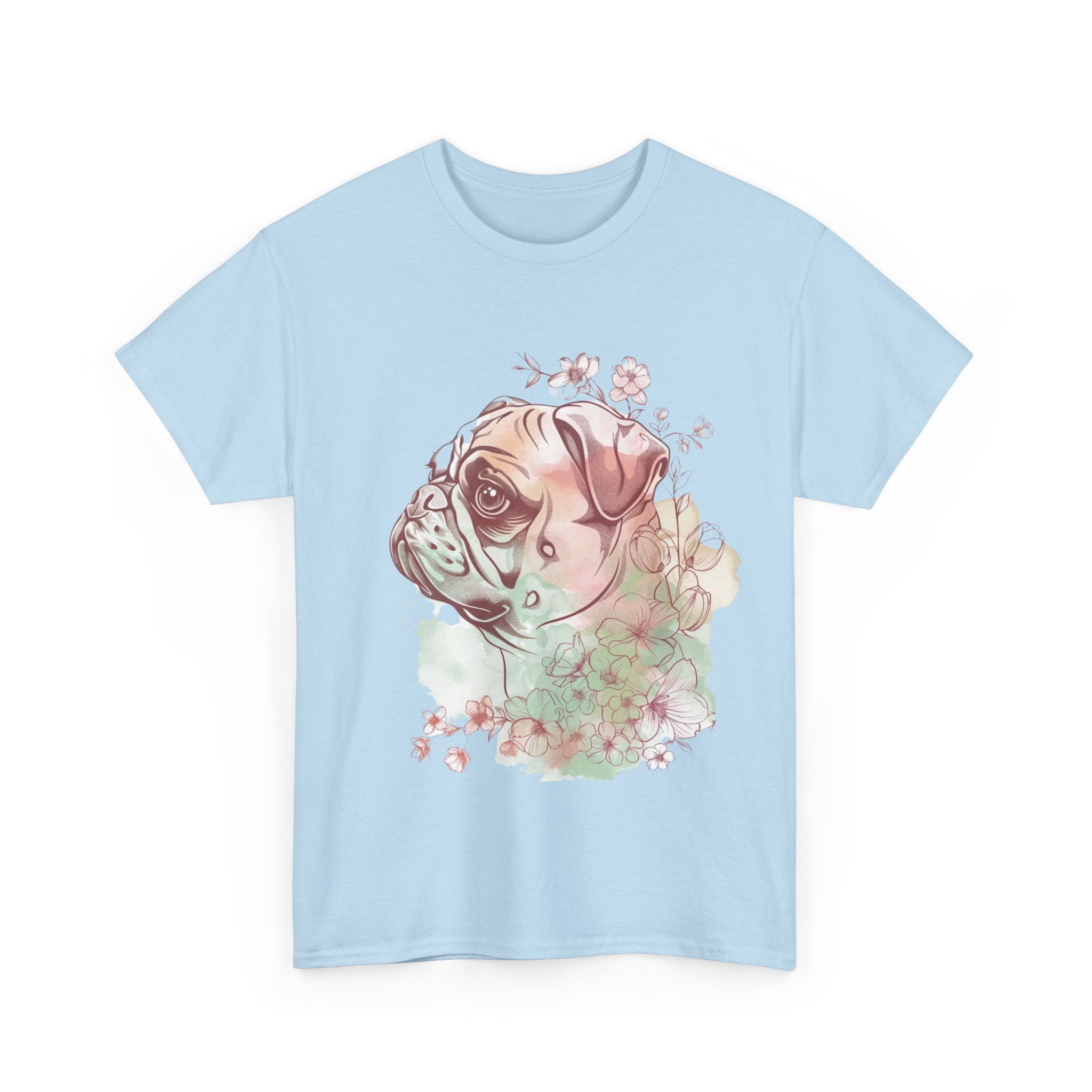 Printify T-Shirt Floral Pug Silhouette Unisex Heavy Cotton Tee