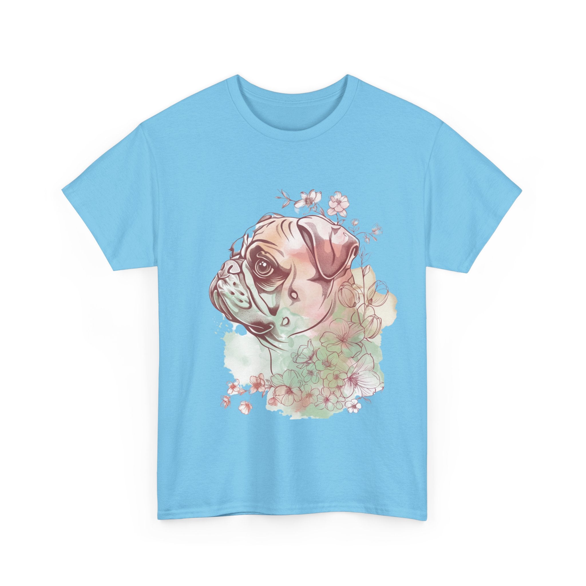 Printify T-Shirt Floral Pug Silhouette Unisex Heavy Cotton Tee