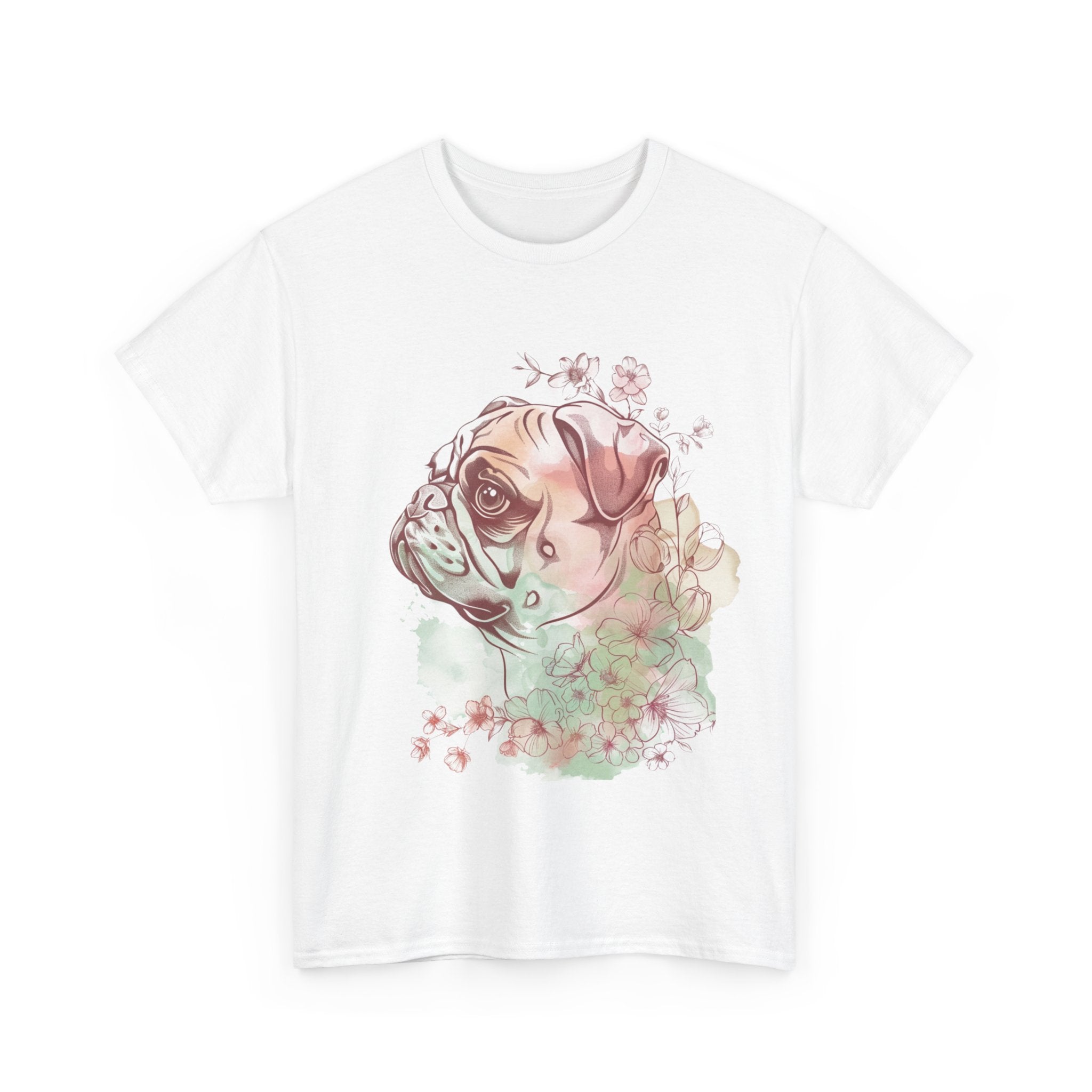 Printify T-Shirt Floral Pug Silhouette Unisex Heavy Cotton Tee