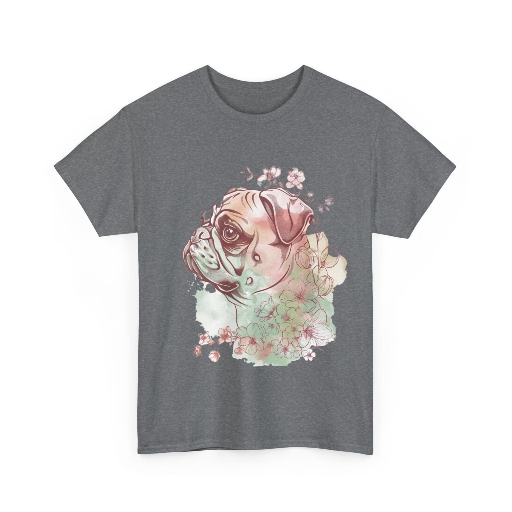 Printify T-Shirt Floral Pug Silhouette Unisex Heavy Cotton Tee