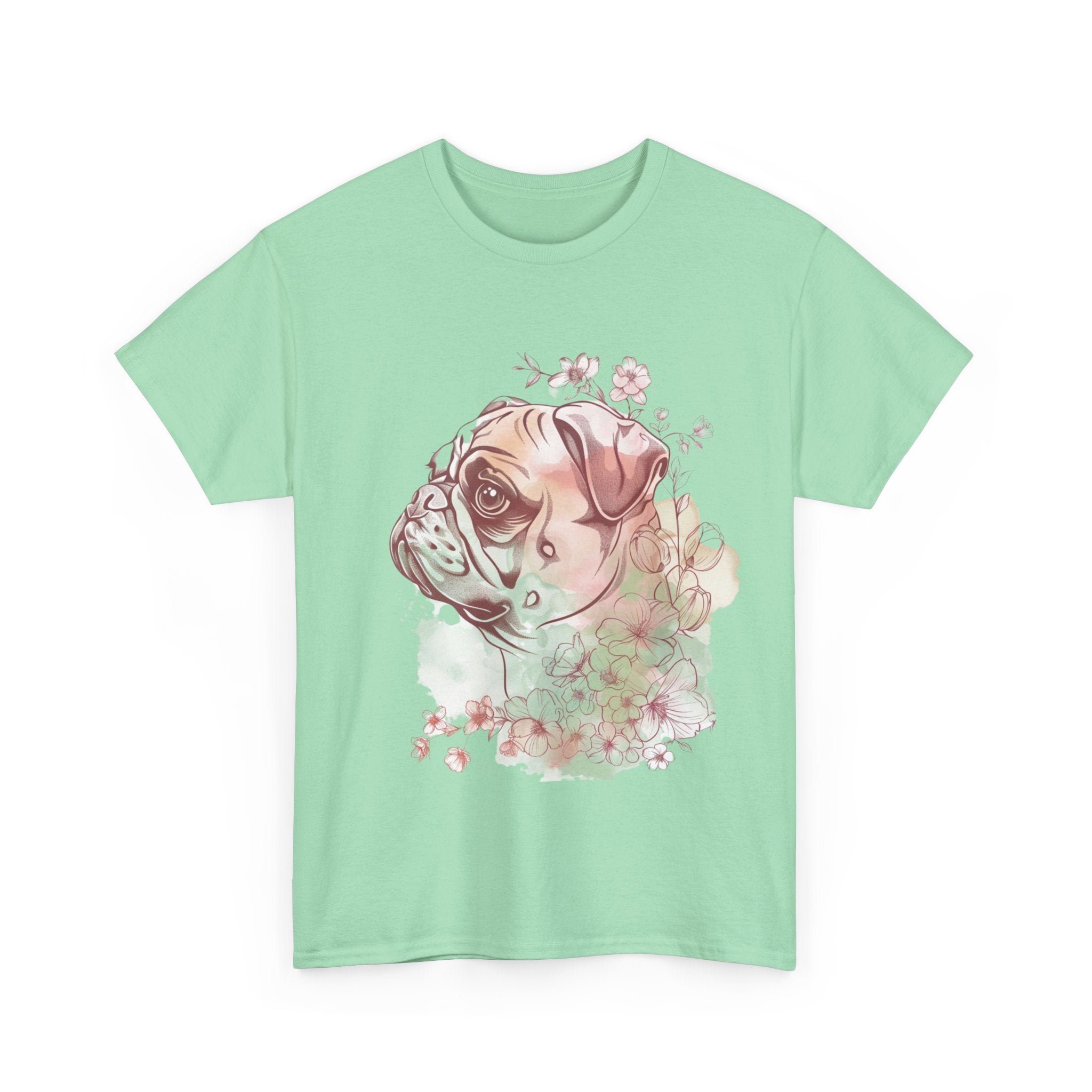 Printify T-Shirt Floral Pug Silhouette Unisex Heavy Cotton Tee