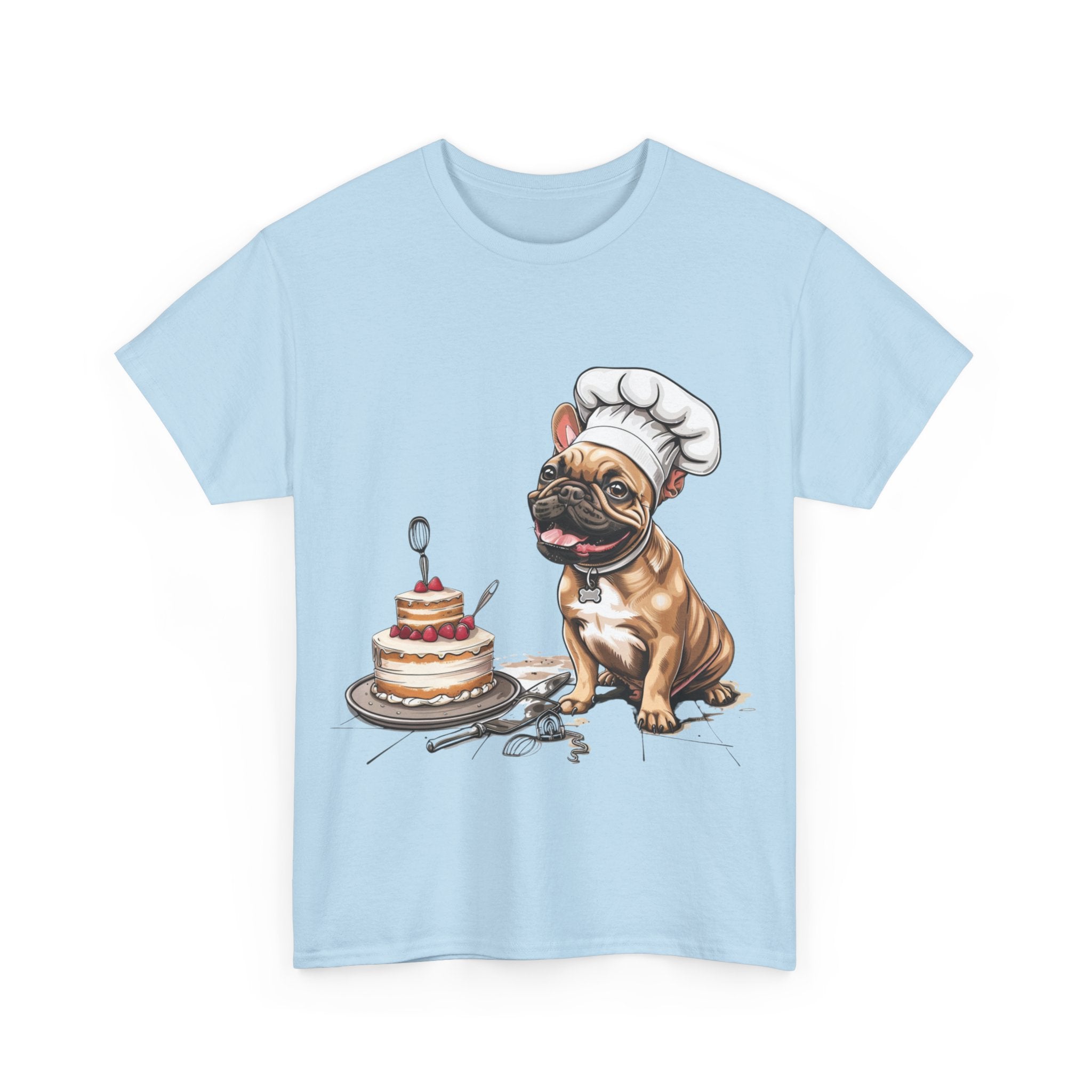 Printify T-Shirt French Bulldog Chef Design with Cake – Perfect for Dog Lovers and Baking Enthusiasts