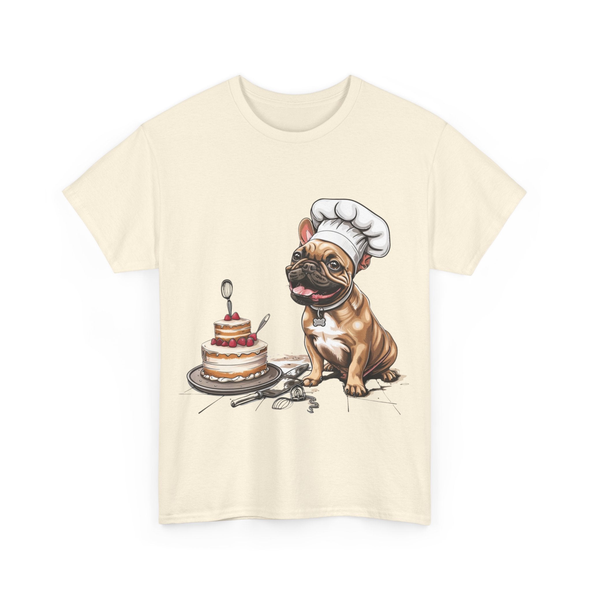 Printify T-Shirt French Bulldog Chef Design with Cake – Perfect for Dog Lovers and Baking Enthusiasts