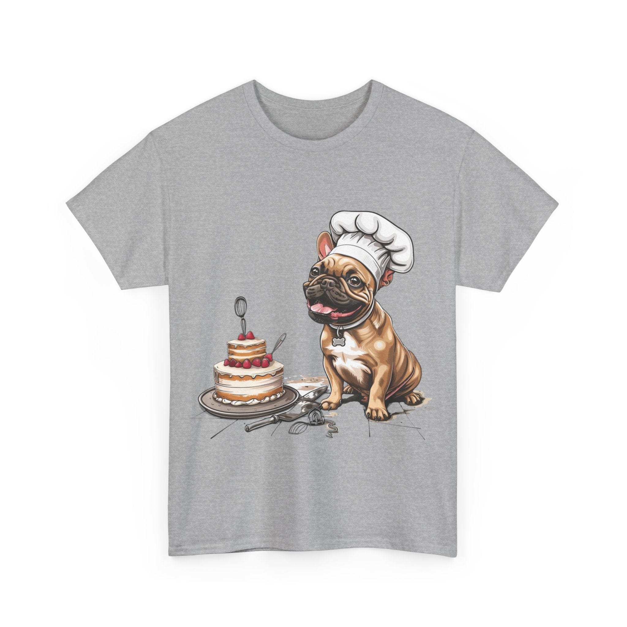 Printify T-Shirt French Bulldog Chef Design with Cake – Perfect for Dog Lovers and Baking Enthusiasts