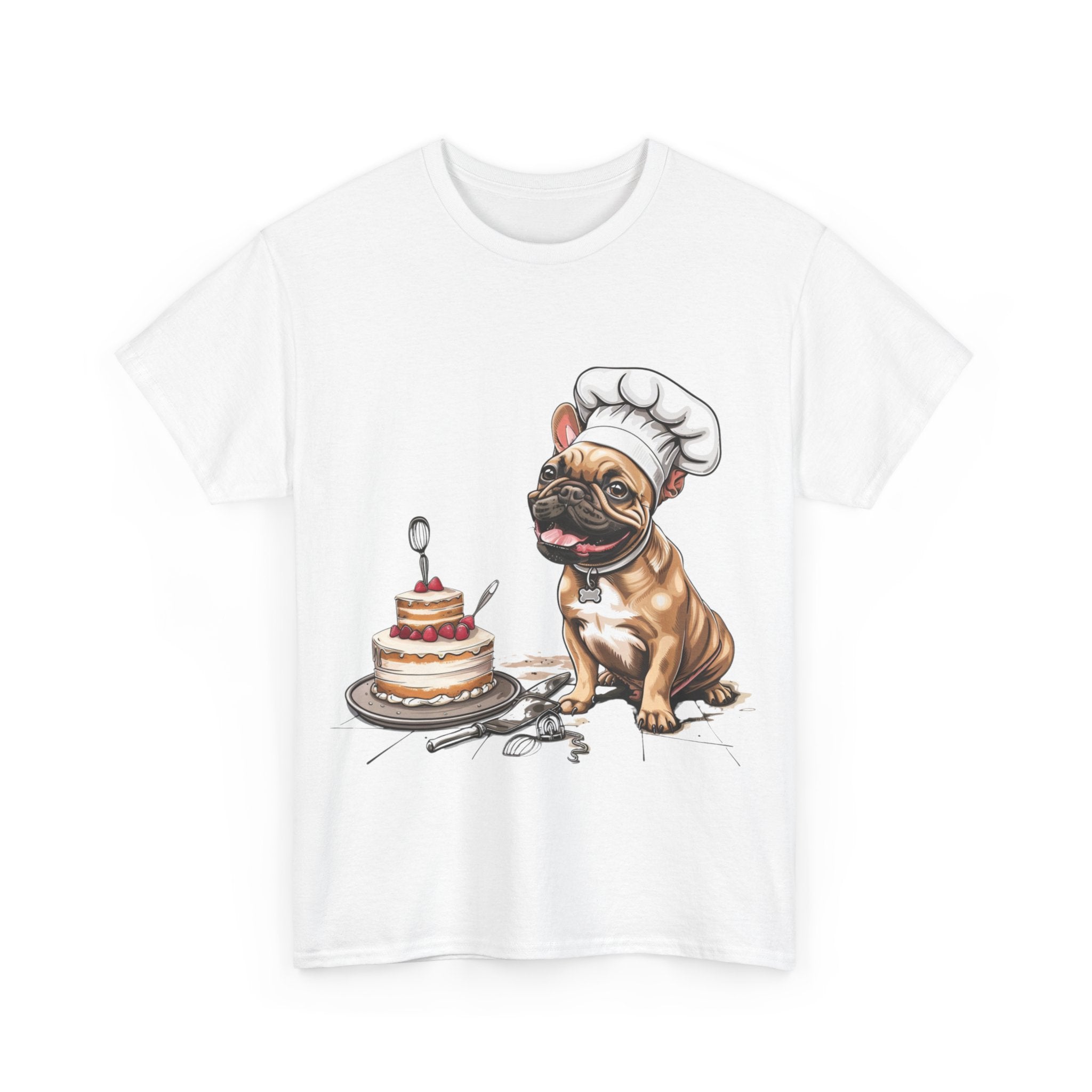 Printify T-Shirt French Bulldog Chef Design with Cake – Perfect for Dog Lovers and Baking Enthusiasts