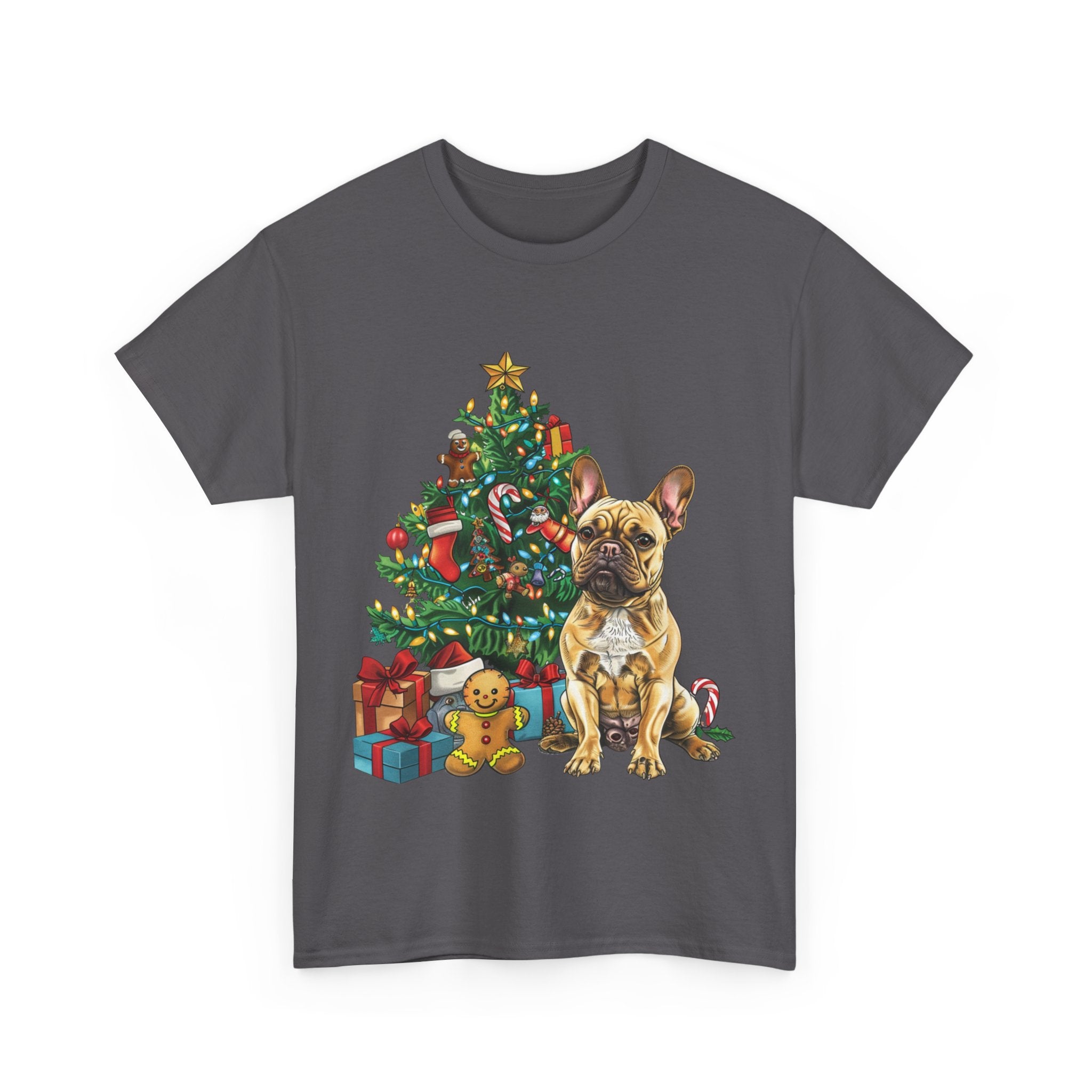 Printify T-Shirt French Bulldog Christmas Tree Design with Gifts and Ornaments – Festive Dog Holiday Art