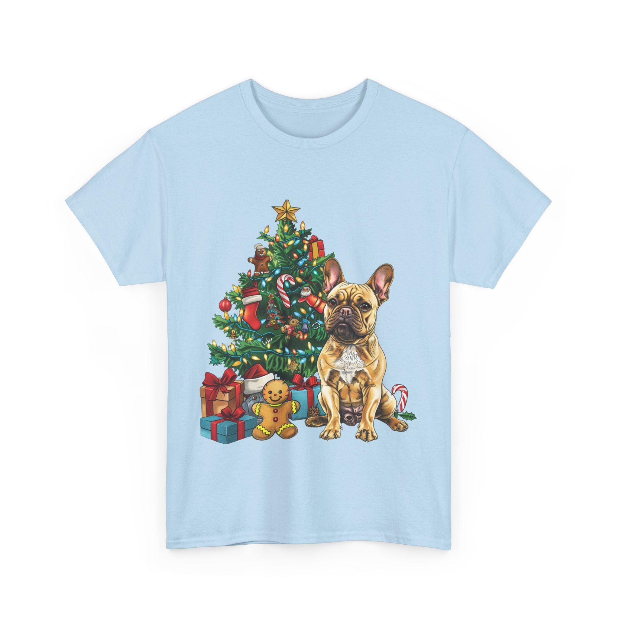 Printify T-Shirt French Bulldog Christmas Tree Design with Gifts and Ornaments – Festive Dog Holiday Art