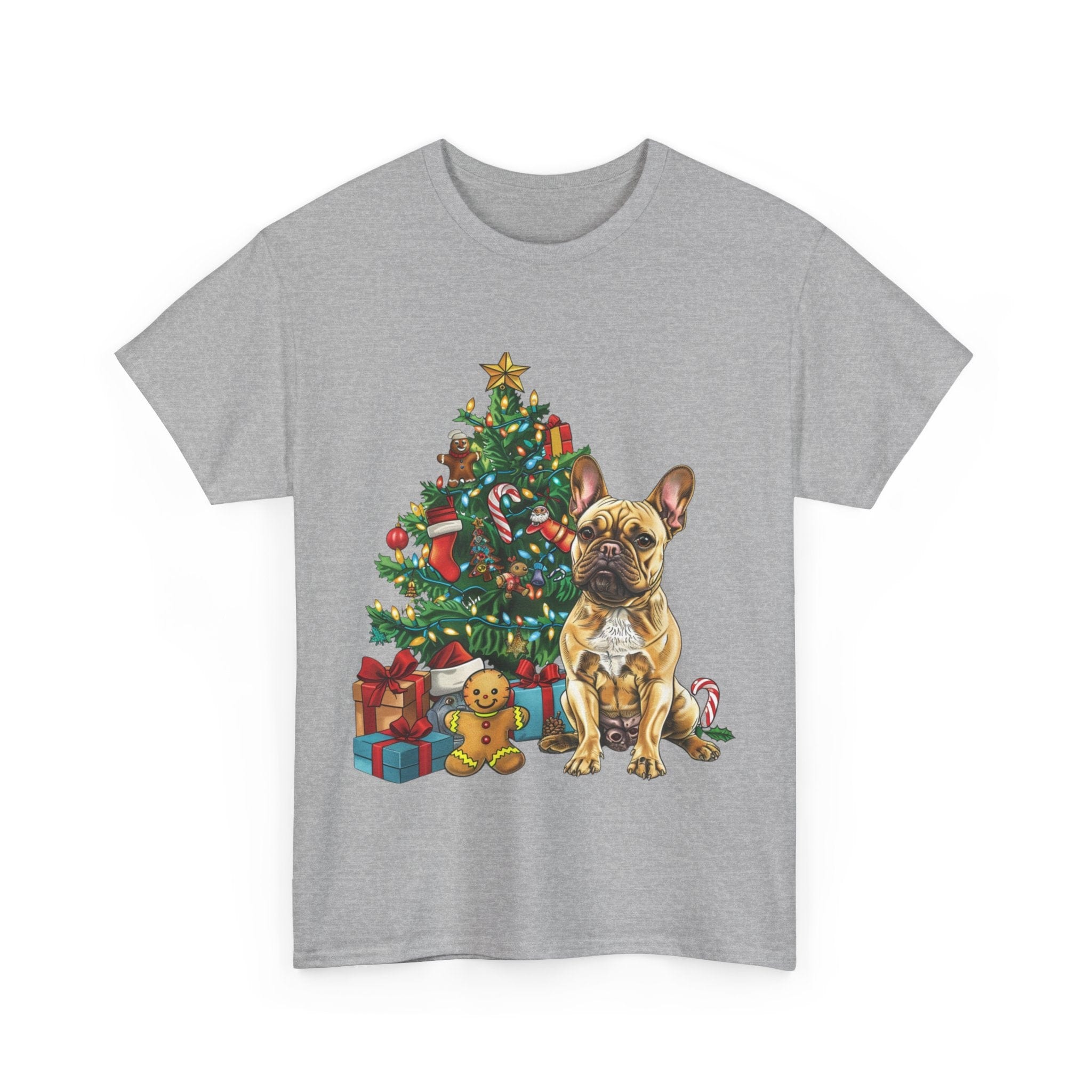 Printify T-Shirt French Bulldog Christmas Tree Design with Gifts and Ornaments – Festive Dog Holiday Art