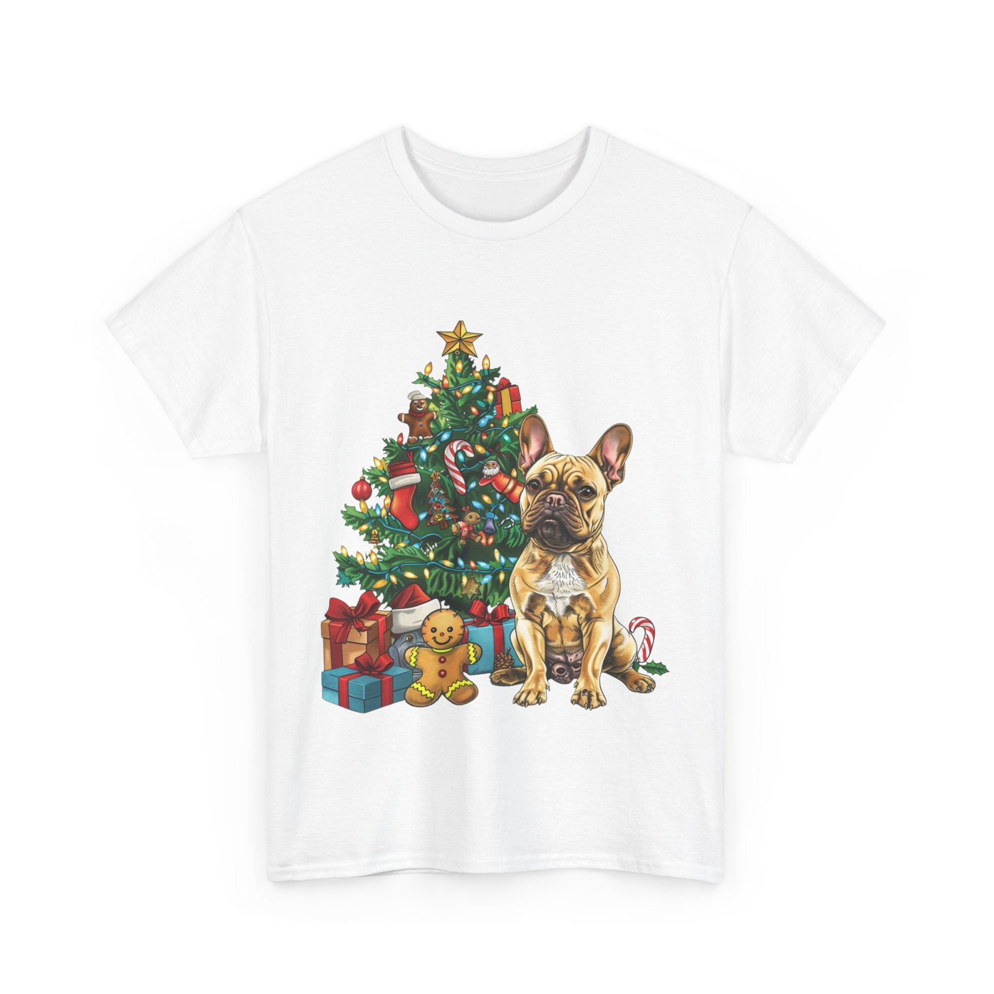 Printify T-Shirt French Bulldog Christmas Tree Design with Gifts and Ornaments – Festive Dog Holiday Art