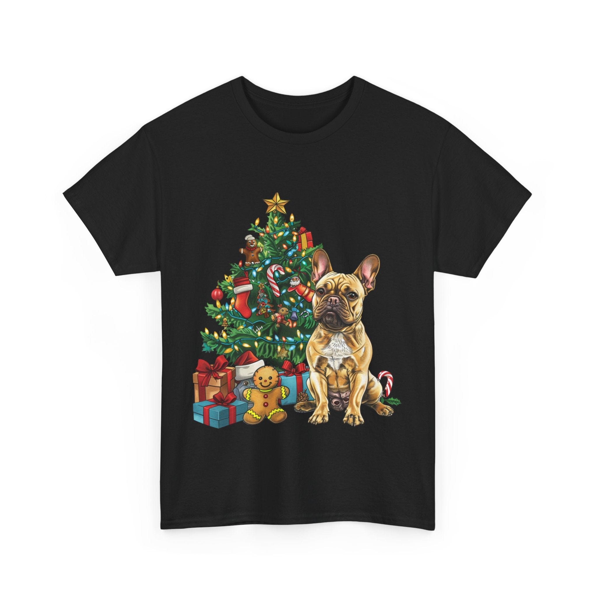 Printify T-Shirt French Bulldog Christmas Tree Design with Gifts and Ornaments – Festive Dog Holiday Art