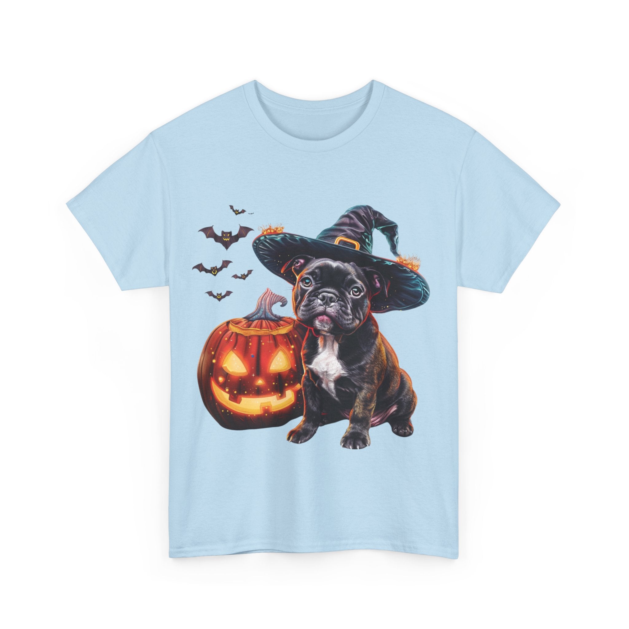 Printify T-Shirt French Bulldog Halloween Witch Hat and Pumpkin Unisex Cotton Tee