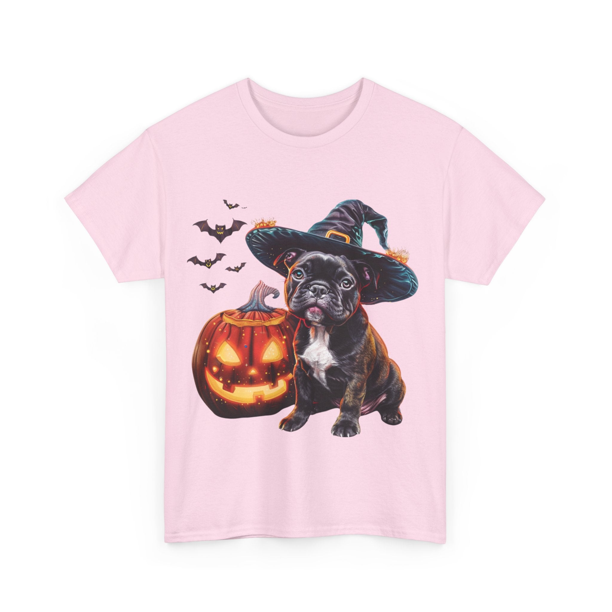 Printify T-Shirt French Bulldog Halloween Witch Hat and Pumpkin Unisex Cotton Tee