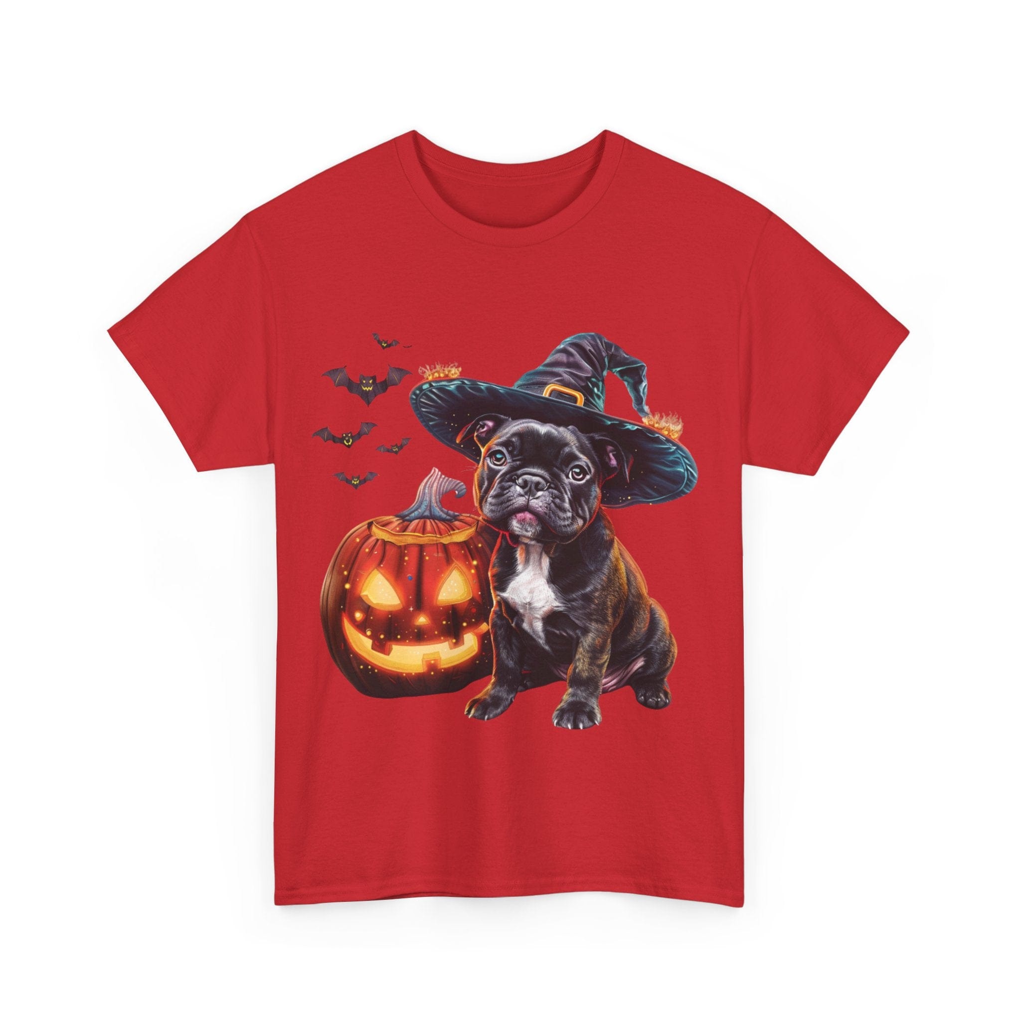 Printify T-Shirt French Bulldog Halloween Witch Hat and Pumpkin Unisex Cotton Tee