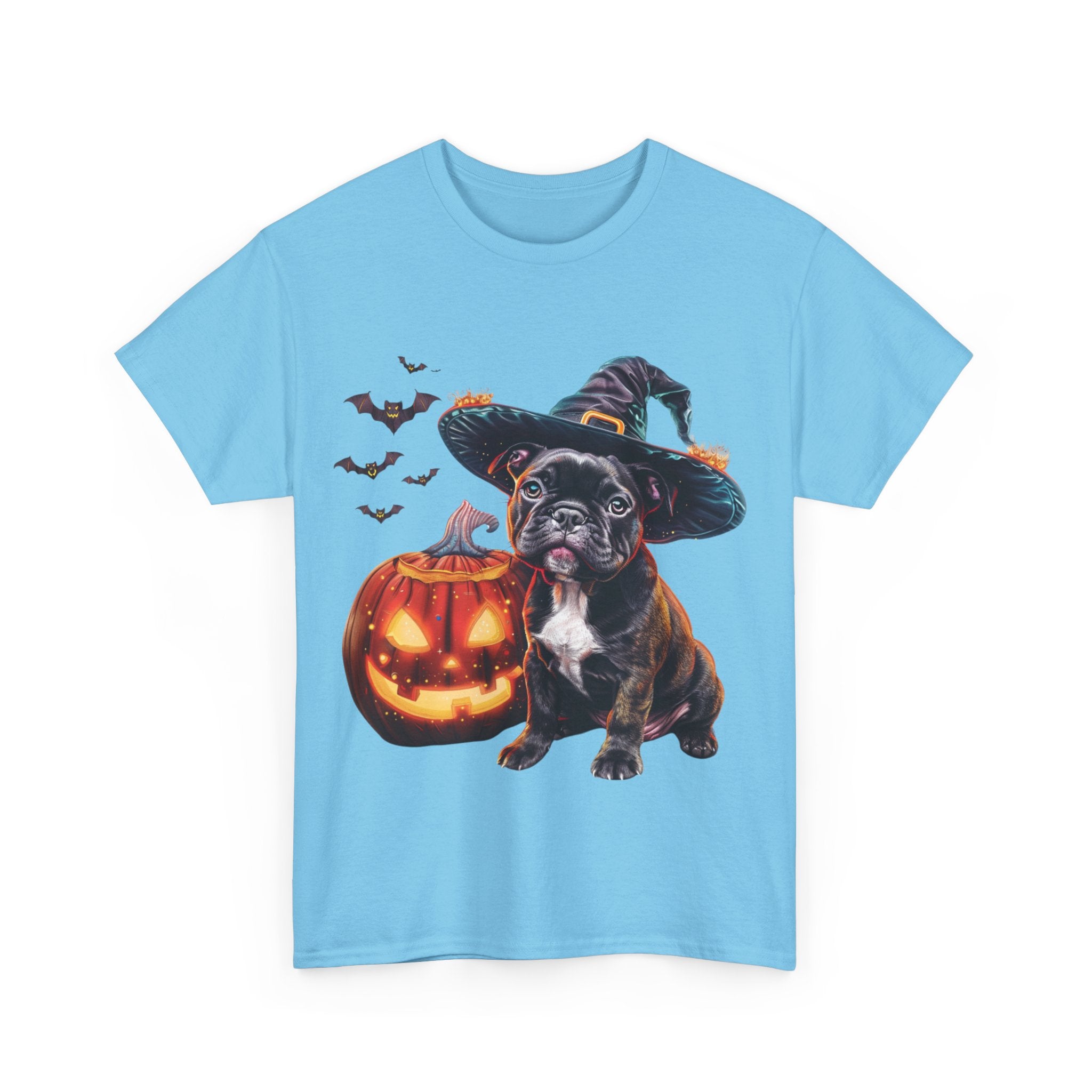 Printify T-Shirt French Bulldog Halloween Witch Hat and Pumpkin Unisex Cotton Tee