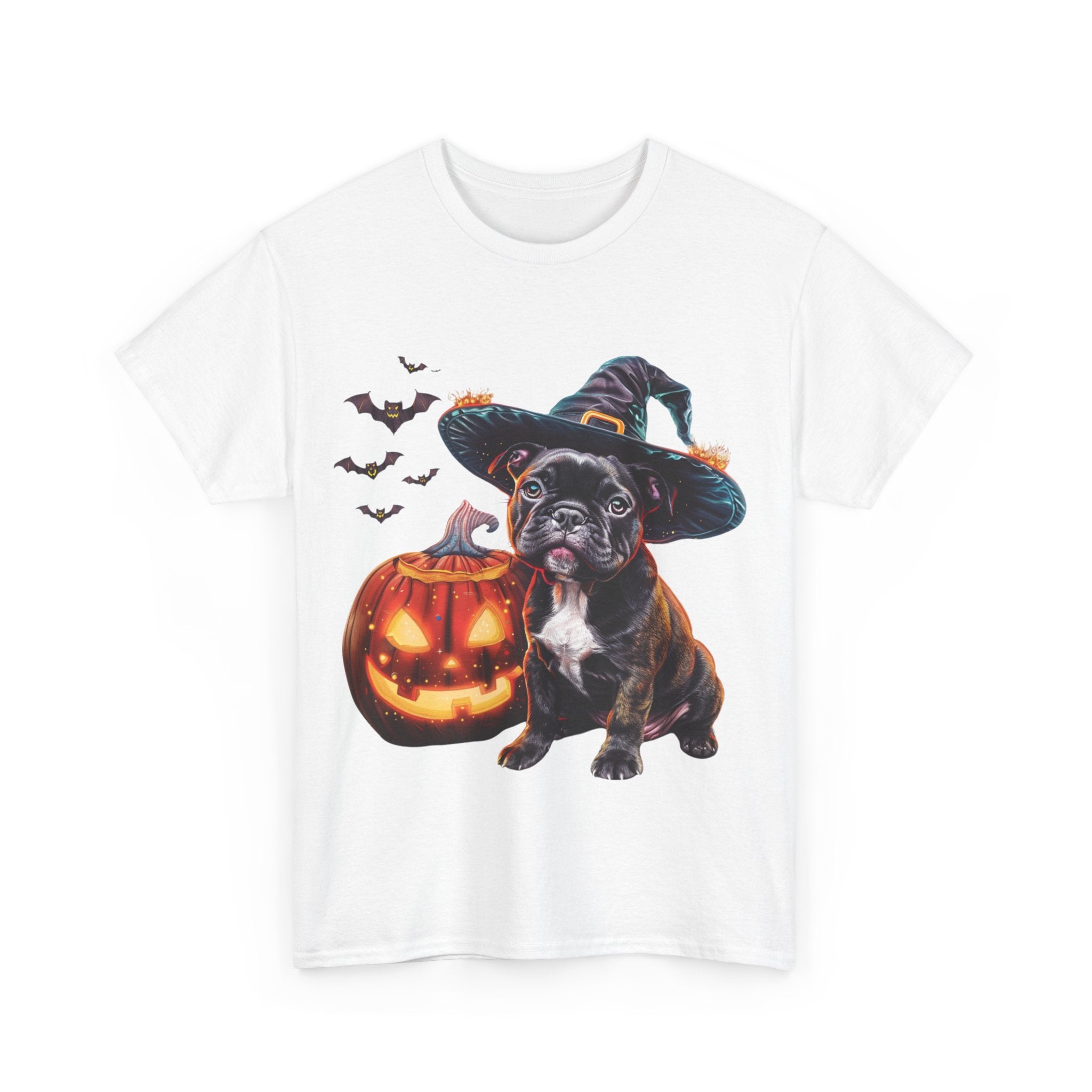 Printify T-Shirt French Bulldog Halloween Witch Hat and Pumpkin Unisex Cotton Tee