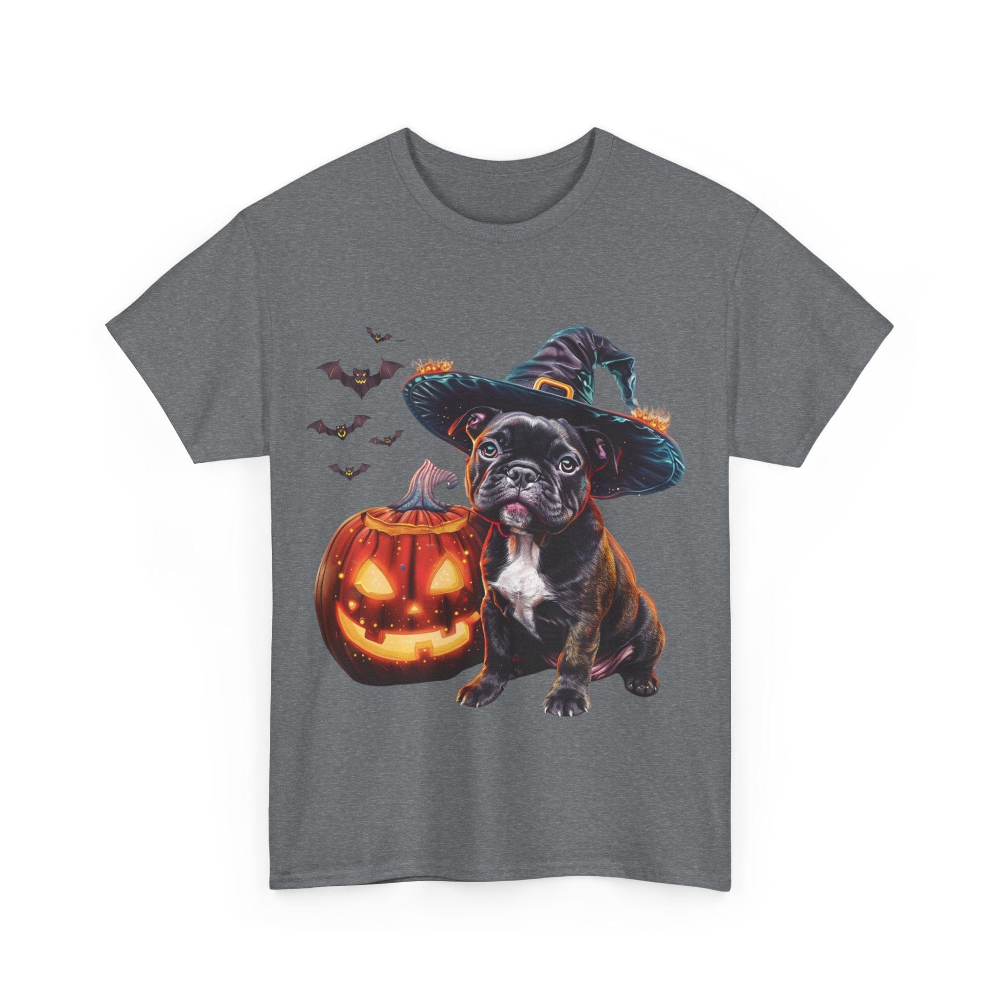 Printify T-Shirt French Bulldog Halloween Witch Hat and Pumpkin Unisex Cotton Tee