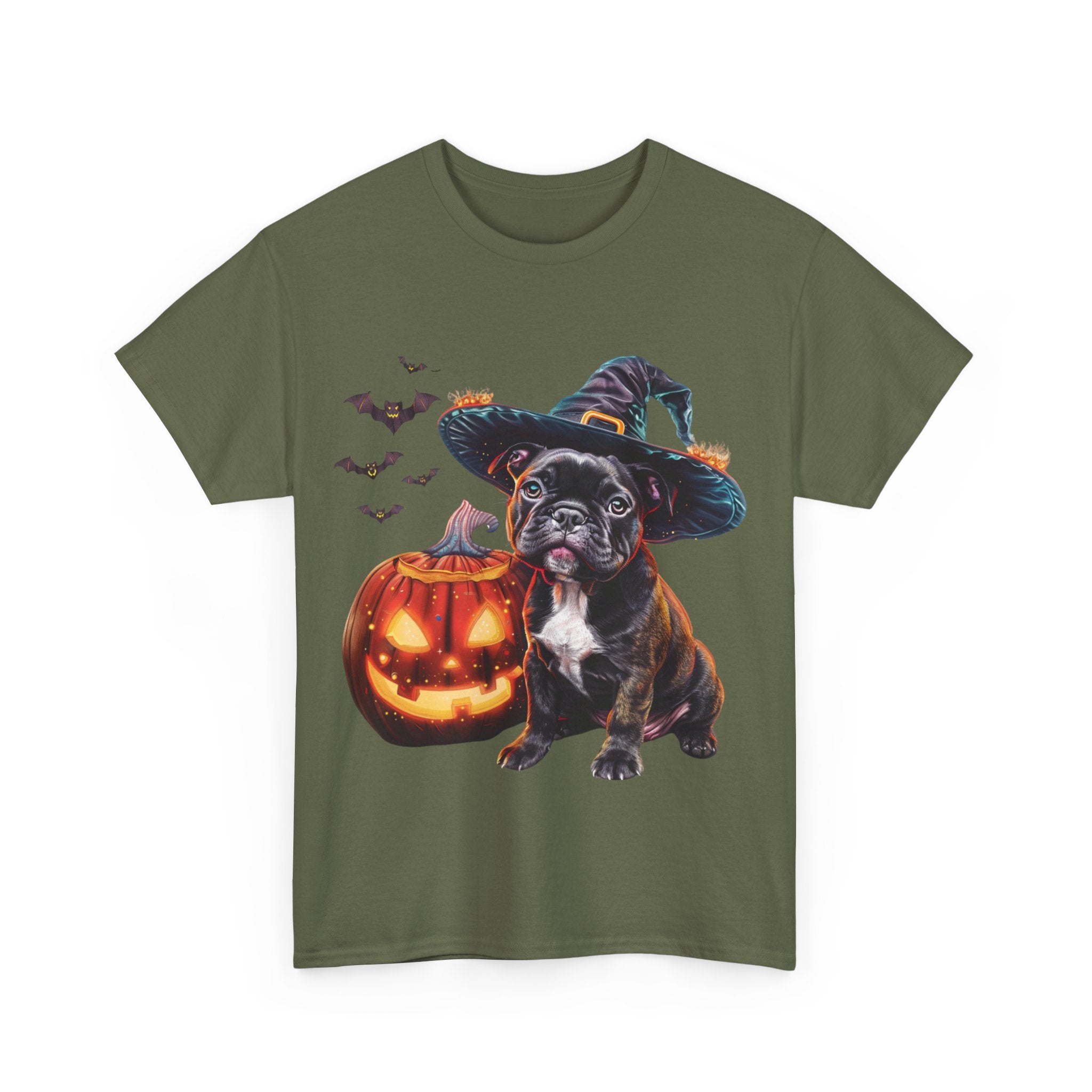 Printify T-Shirt French Bulldog Halloween Witch Hat and Pumpkin Unisex Cotton Tee