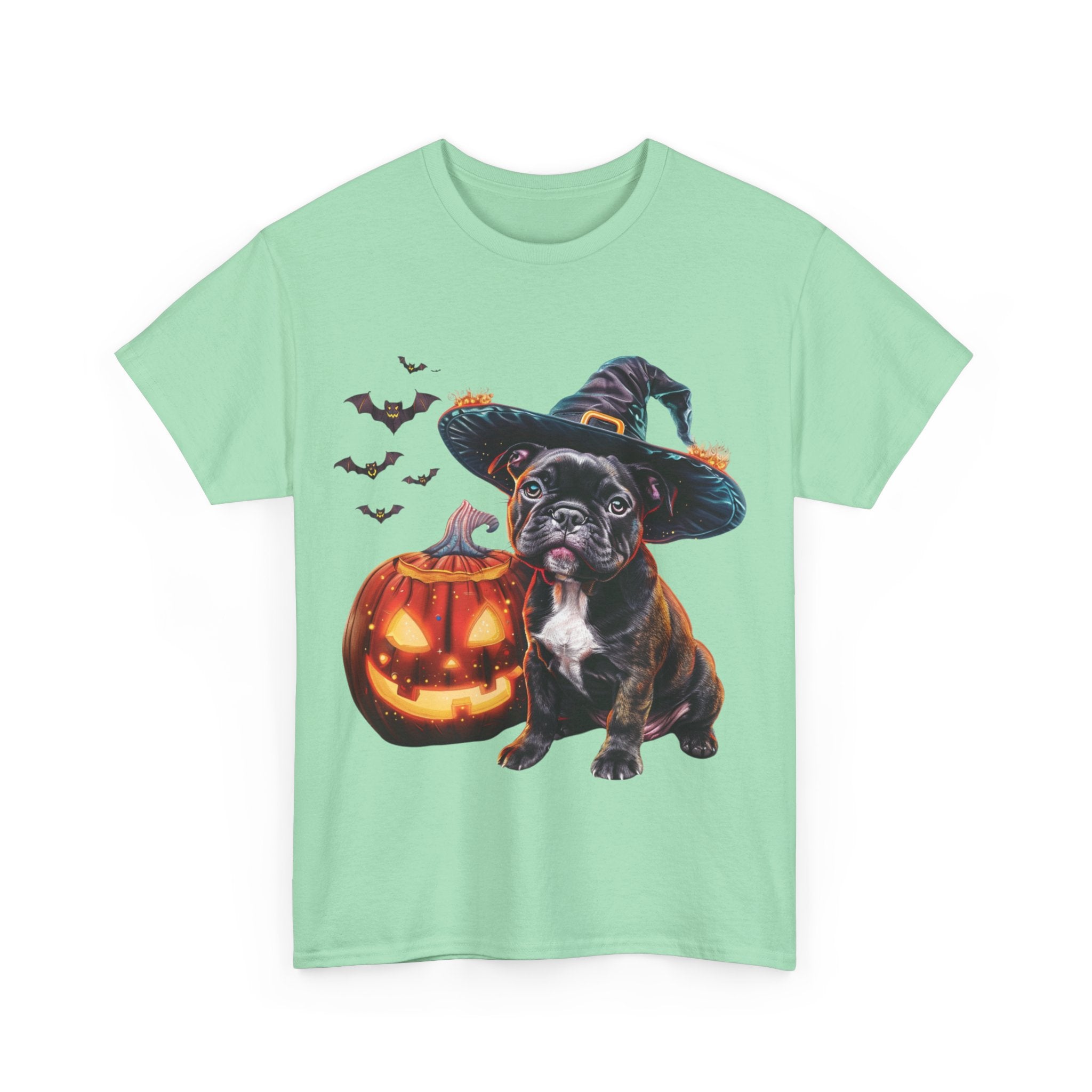 Printify T-Shirt French Bulldog Halloween Witch Hat and Pumpkin Unisex Cotton Tee