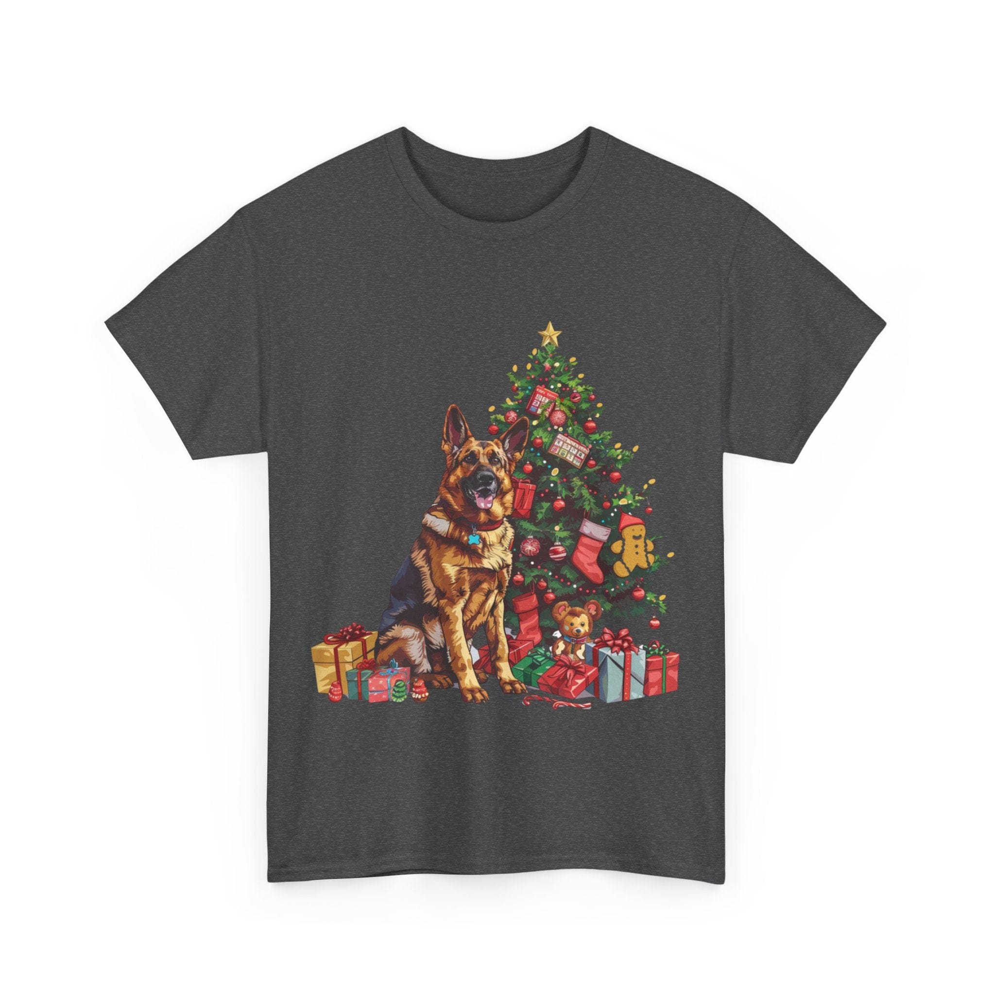 Printify T-Shirt German Shepherd Christmas Tree Design with Gifts and Holiday Ornaments – Festive Dog Holiday Art