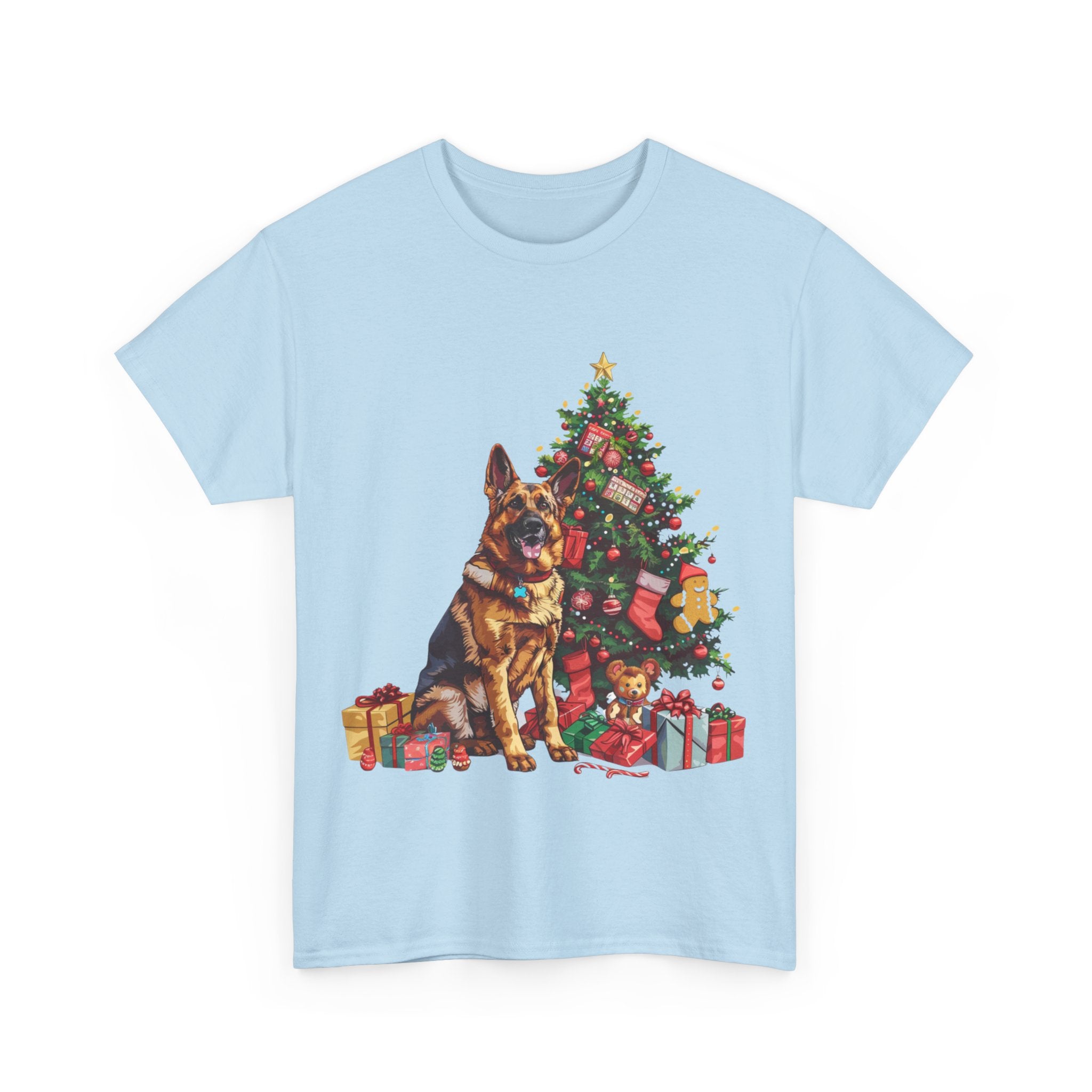 Printify T-Shirt German Shepherd Christmas Tree Design with Gifts and Holiday Ornaments – Festive Dog Holiday Art