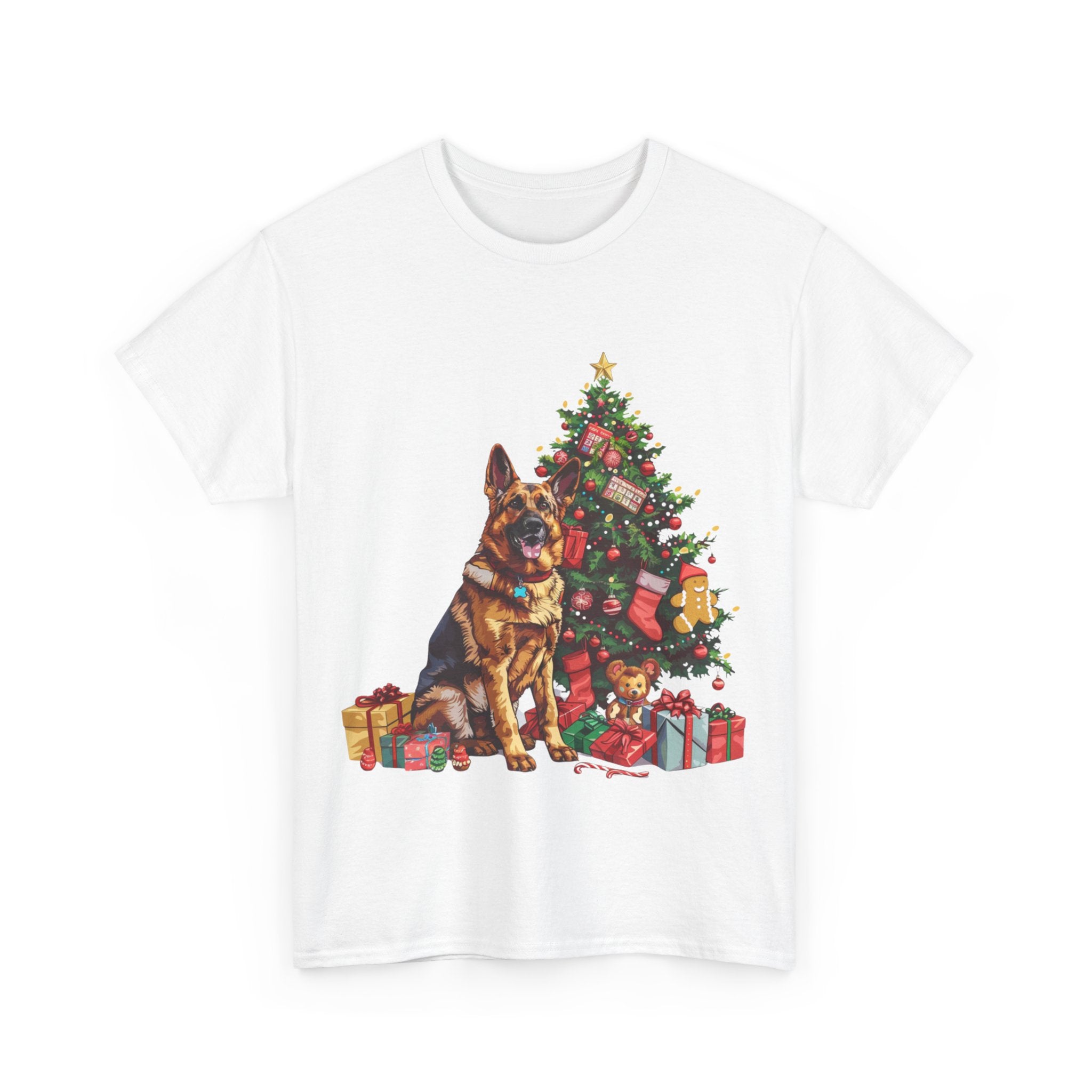 Printify T-Shirt German Shepherd Christmas Tree Design with Gifts and Holiday Ornaments – Festive Dog Holiday Art