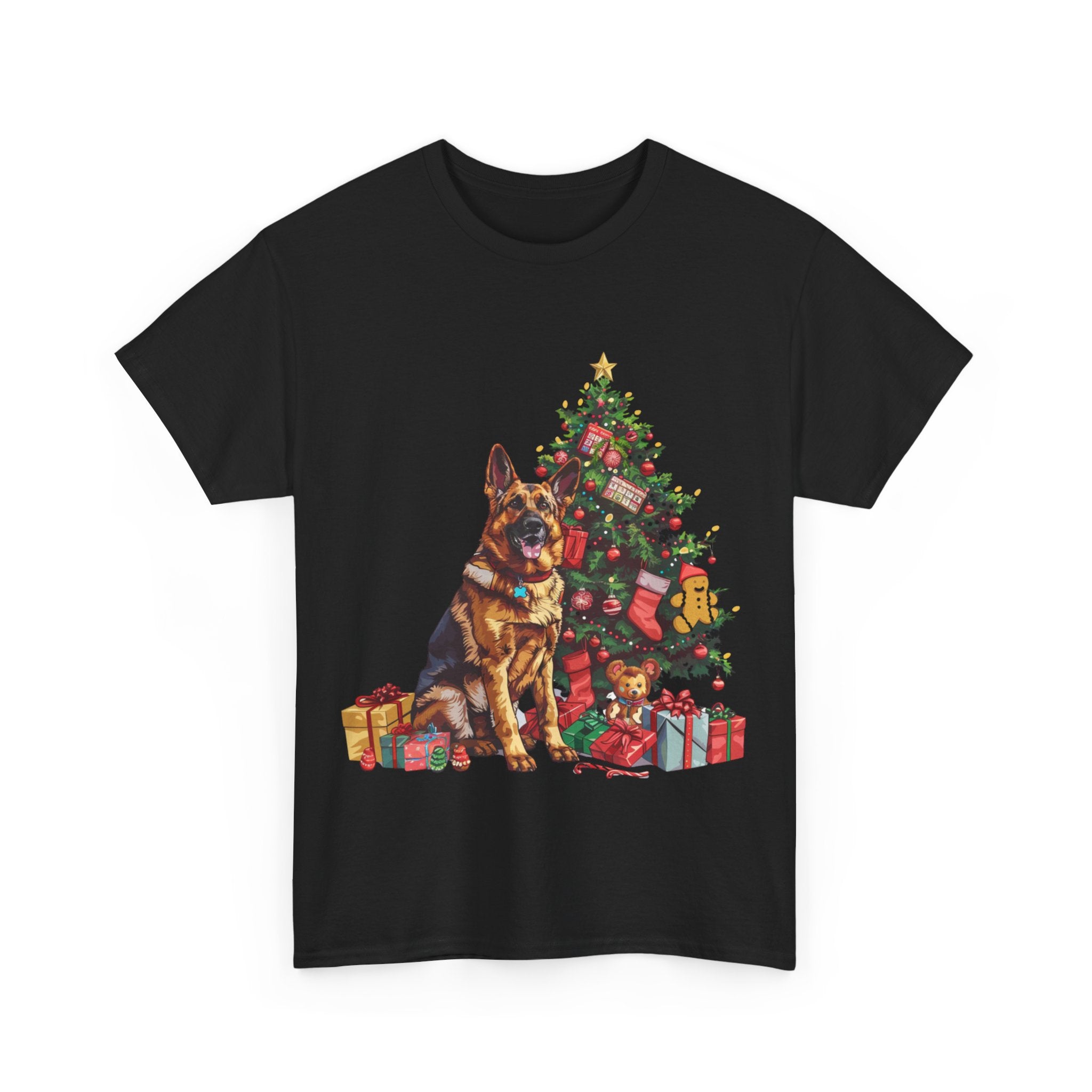 Printify T-Shirt German Shepherd Christmas Tree Design with Gifts and Holiday Ornaments – Festive Dog Holiday Art