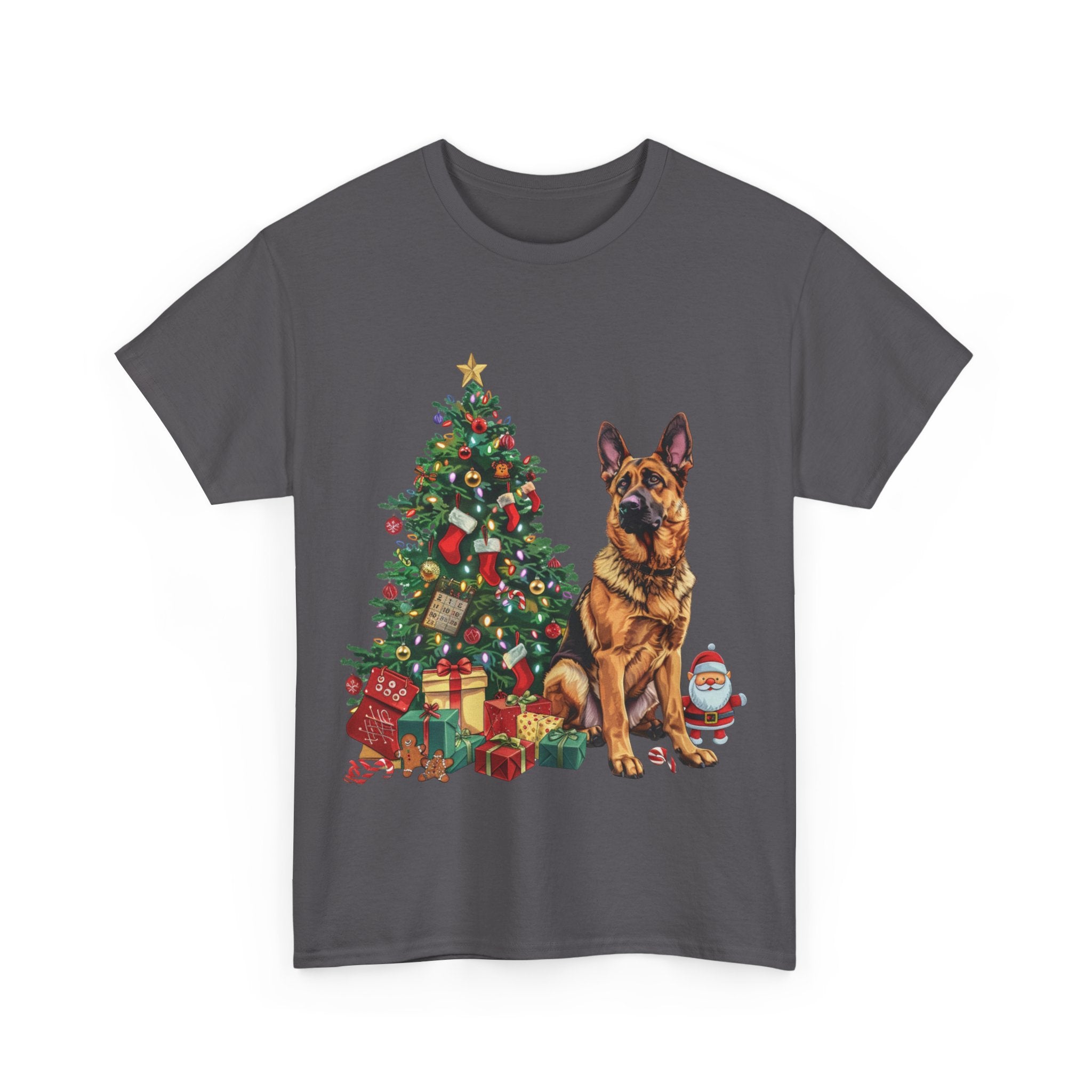 Printify T-Shirt German Shepherd Christmas Tree with Santa and Gifts – Festive Holiday Dog Art for Christmas