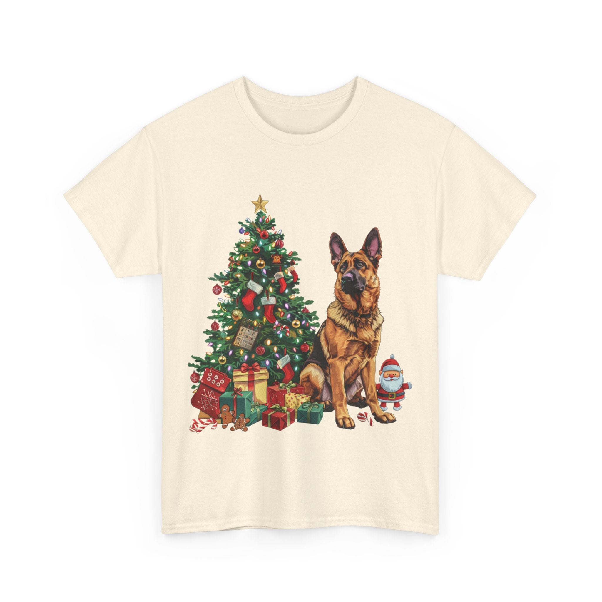 Printify T-Shirt German Shepherd Christmas Tree with Santa and Gifts – Festive Holiday Dog Art for Christmas