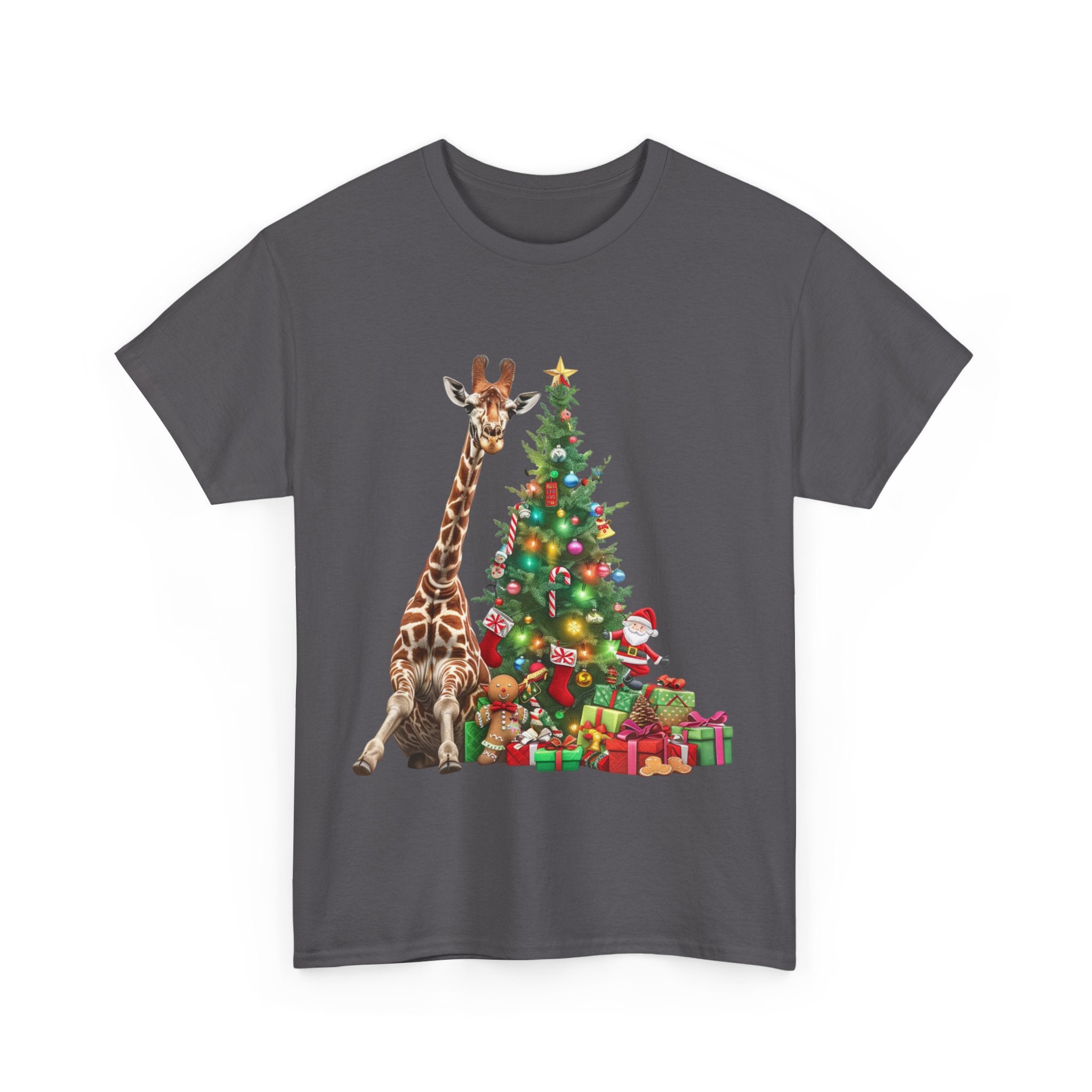 Printify T-Shirt Giraffe with Christmas Tree and Gifts – Fun Holiday Animal Art