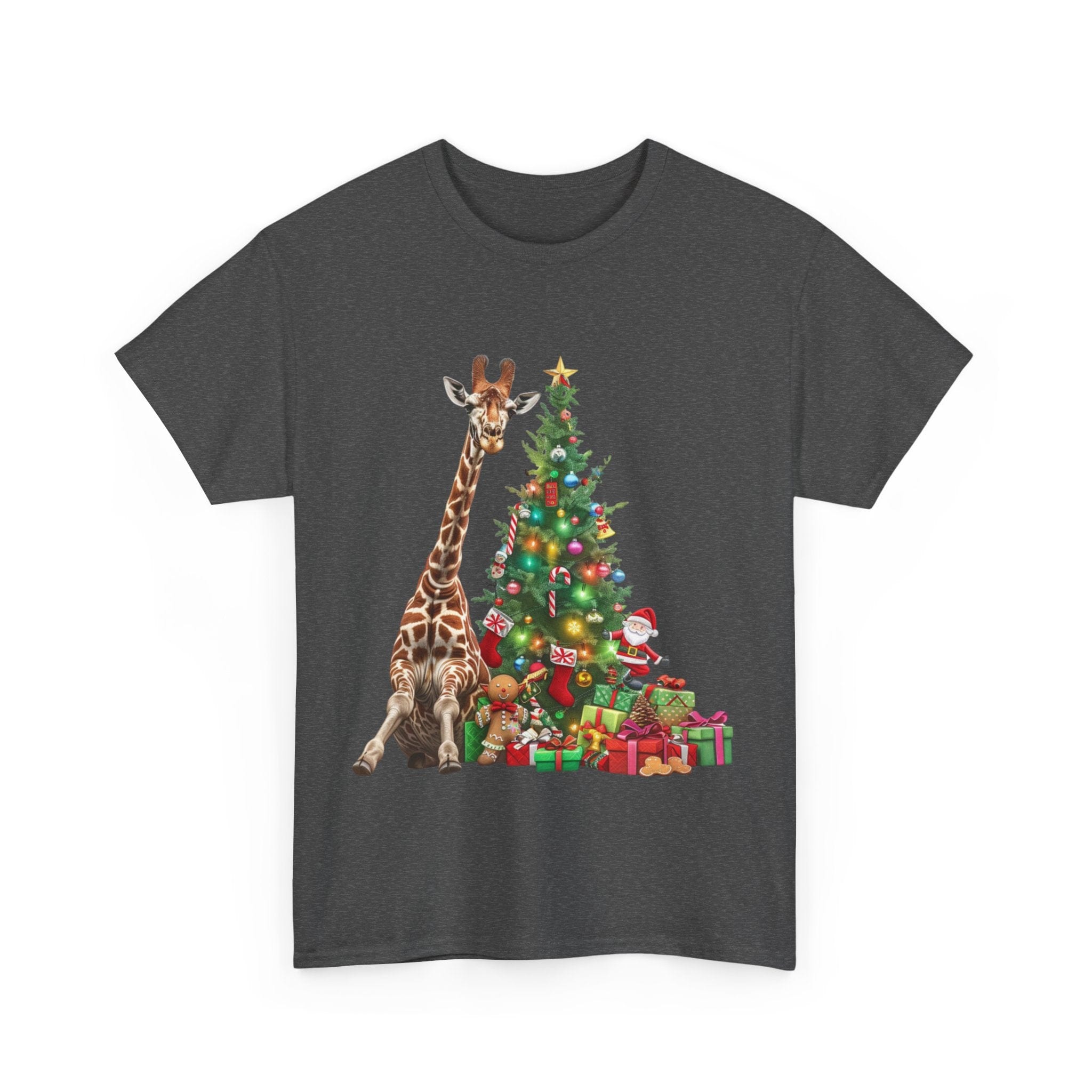 Printify T-Shirt Giraffe with Christmas Tree and Gifts – Fun Holiday Animal Art