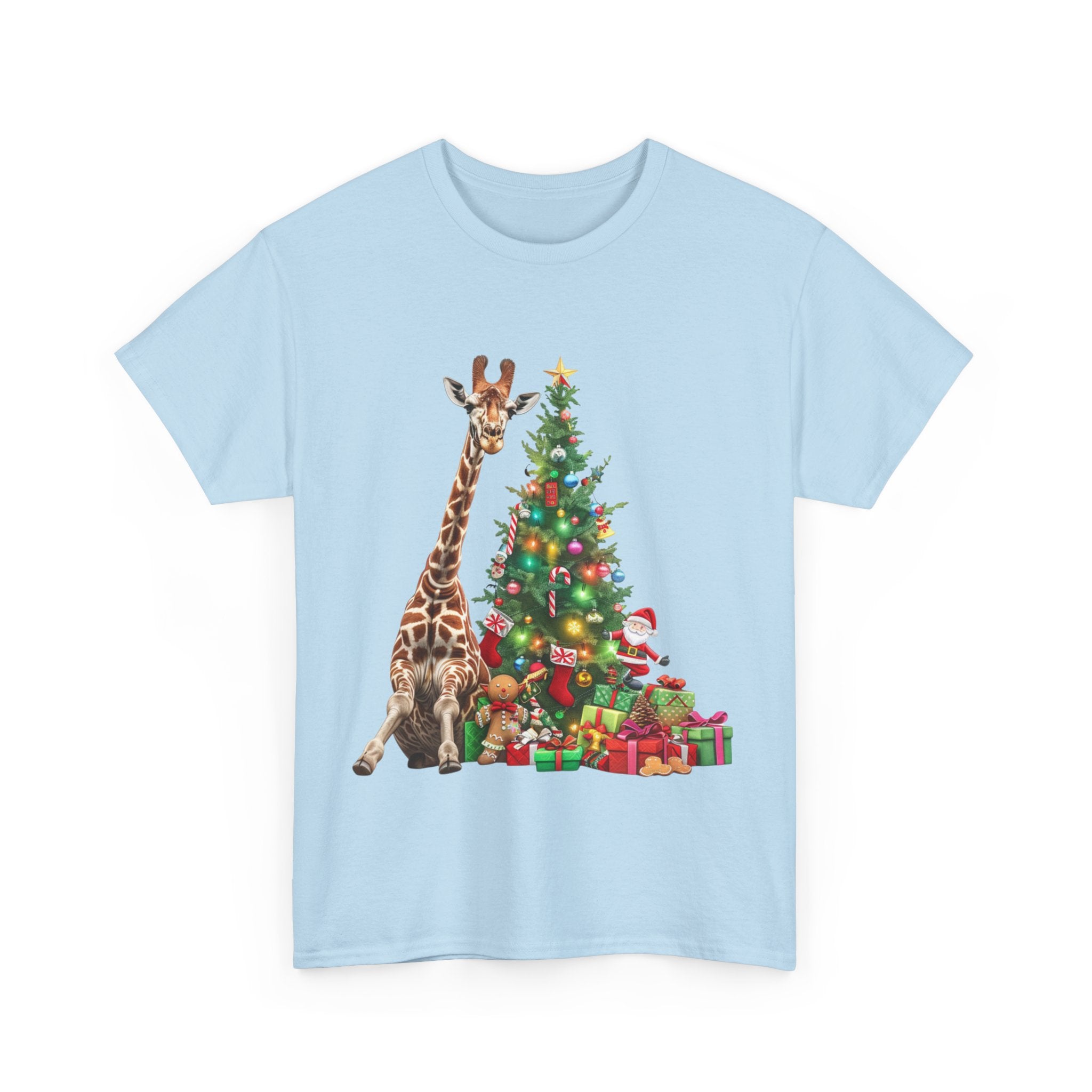 Printify T-Shirt Giraffe with Christmas Tree and Gifts – Fun Holiday Animal Art