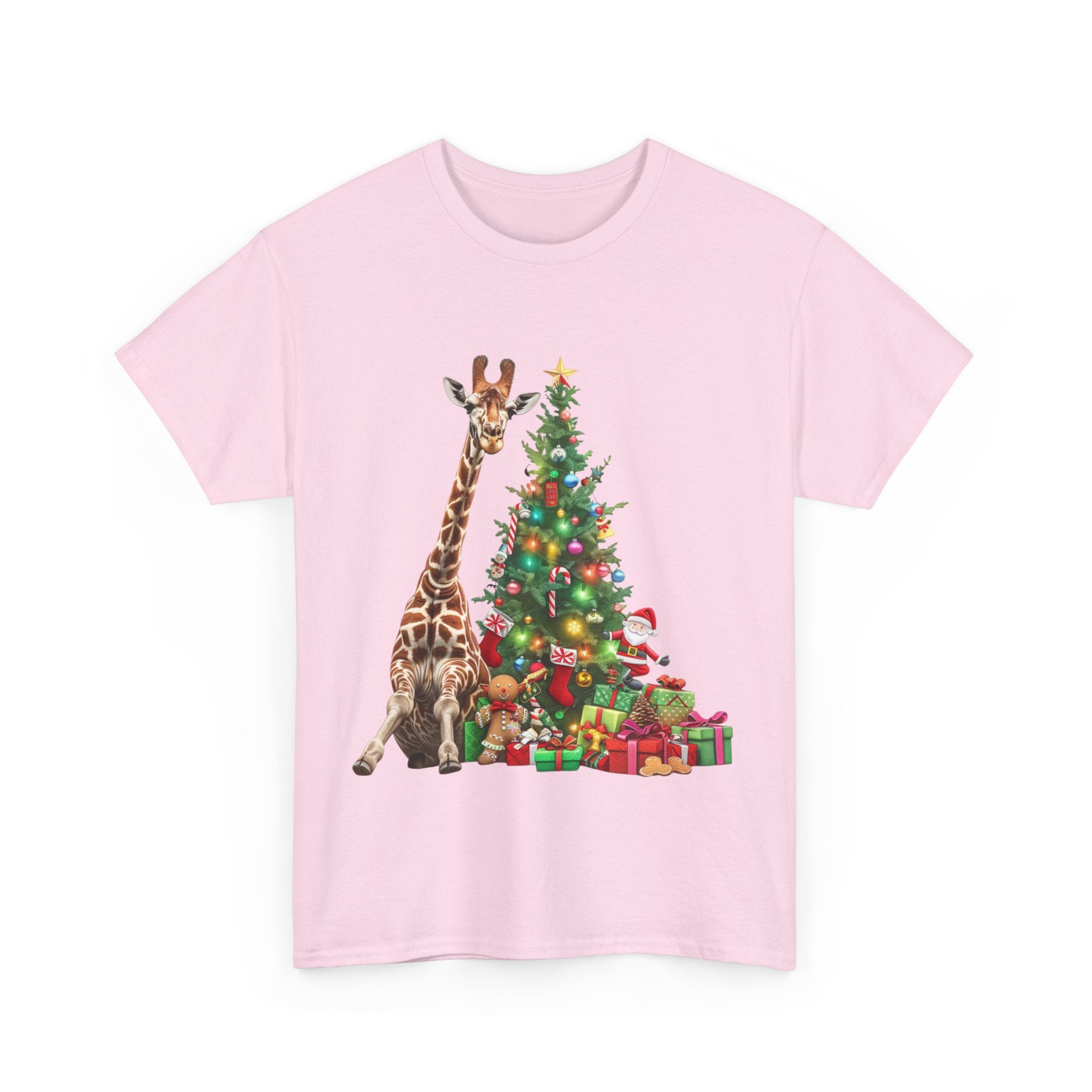 Printify T-Shirt Giraffe with Christmas Tree and Gifts – Fun Holiday Animal Art