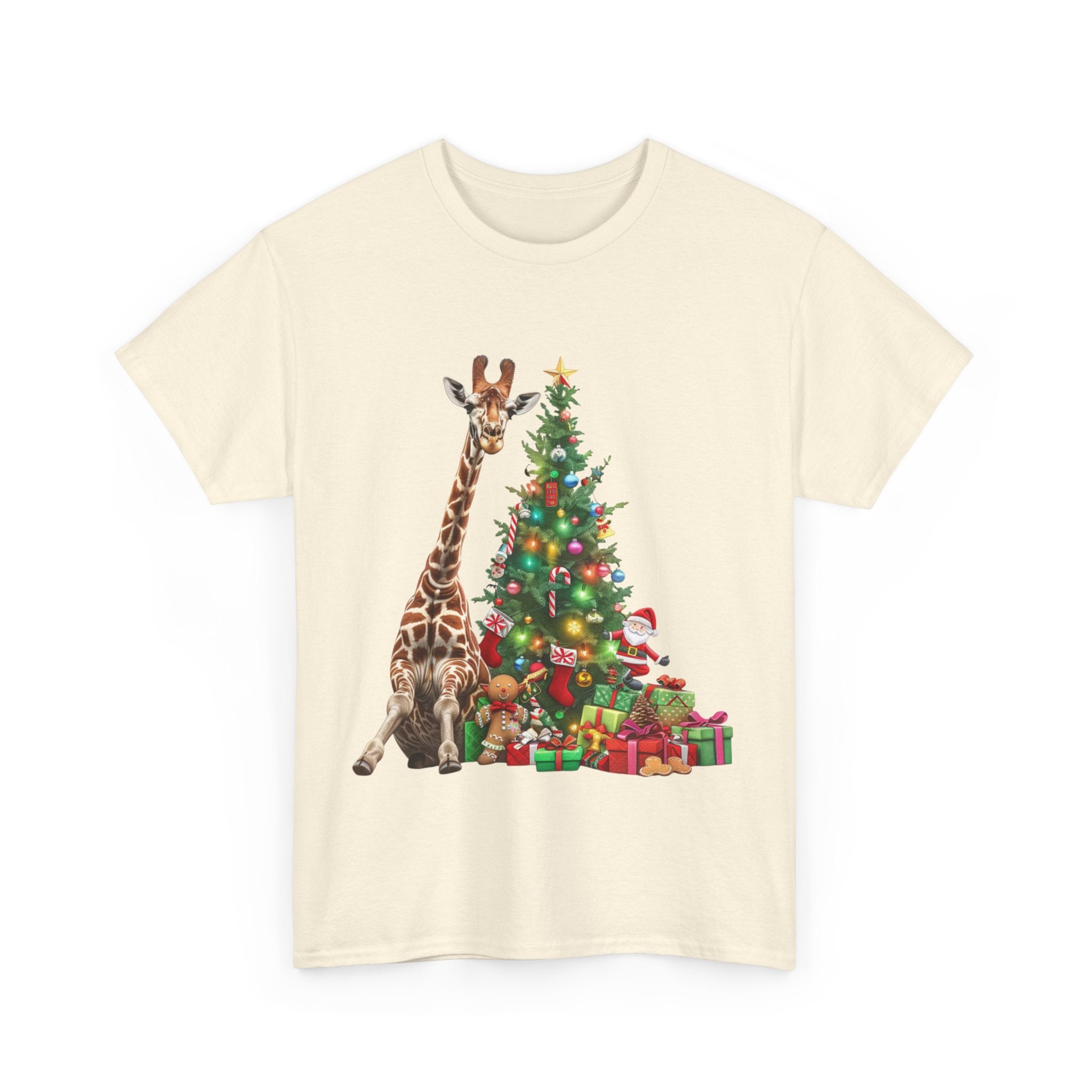 Printify T-Shirt Giraffe with Christmas Tree and Gifts – Fun Holiday Animal Art