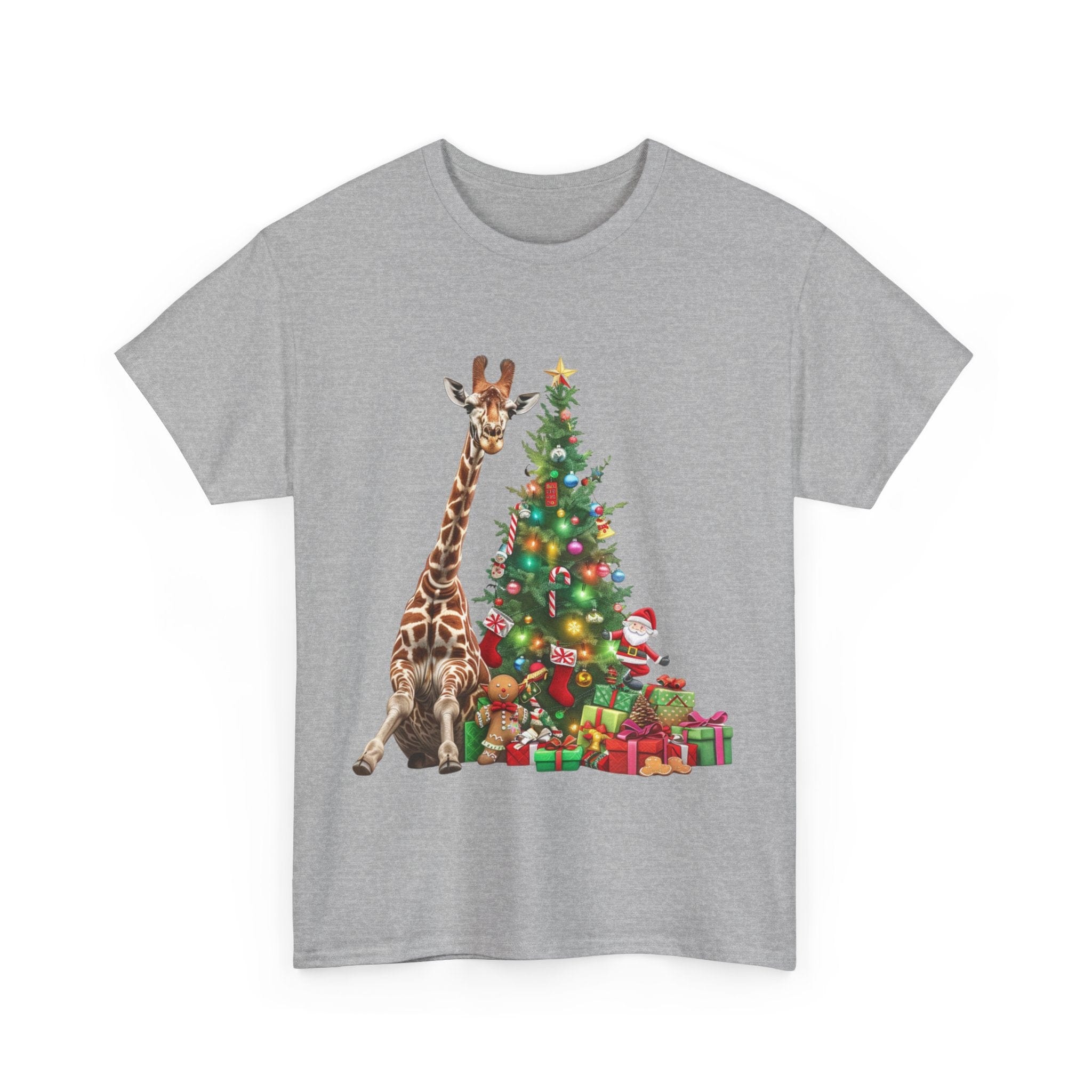 Printify T-Shirt Giraffe with Christmas Tree and Gifts – Fun Holiday Animal Art