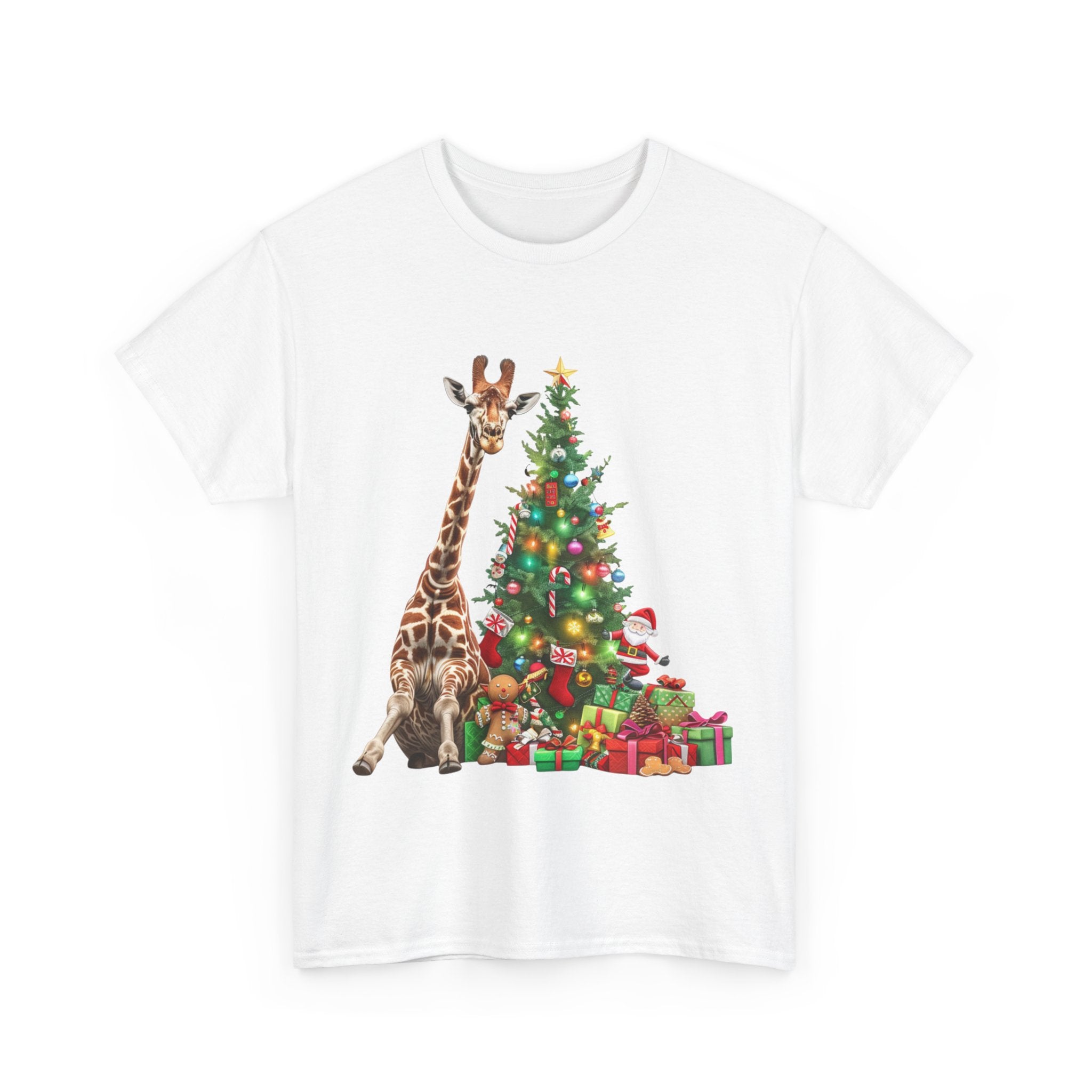 Printify T-Shirt Giraffe with Christmas Tree and Gifts – Fun Holiday Animal Art