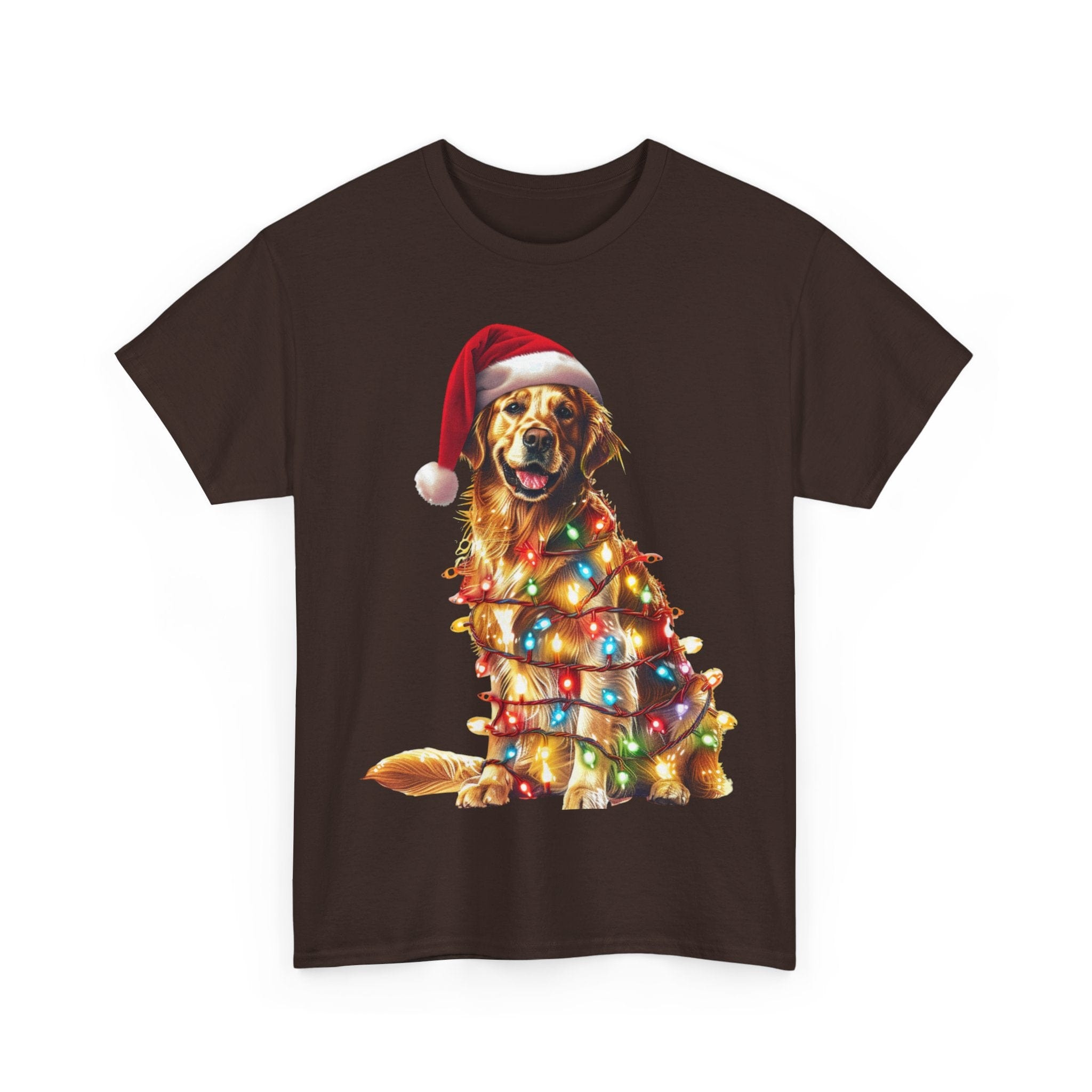 Printify T-Shirt Golden Retriever Christmas Lights Unisex Heavy Cotton Tee