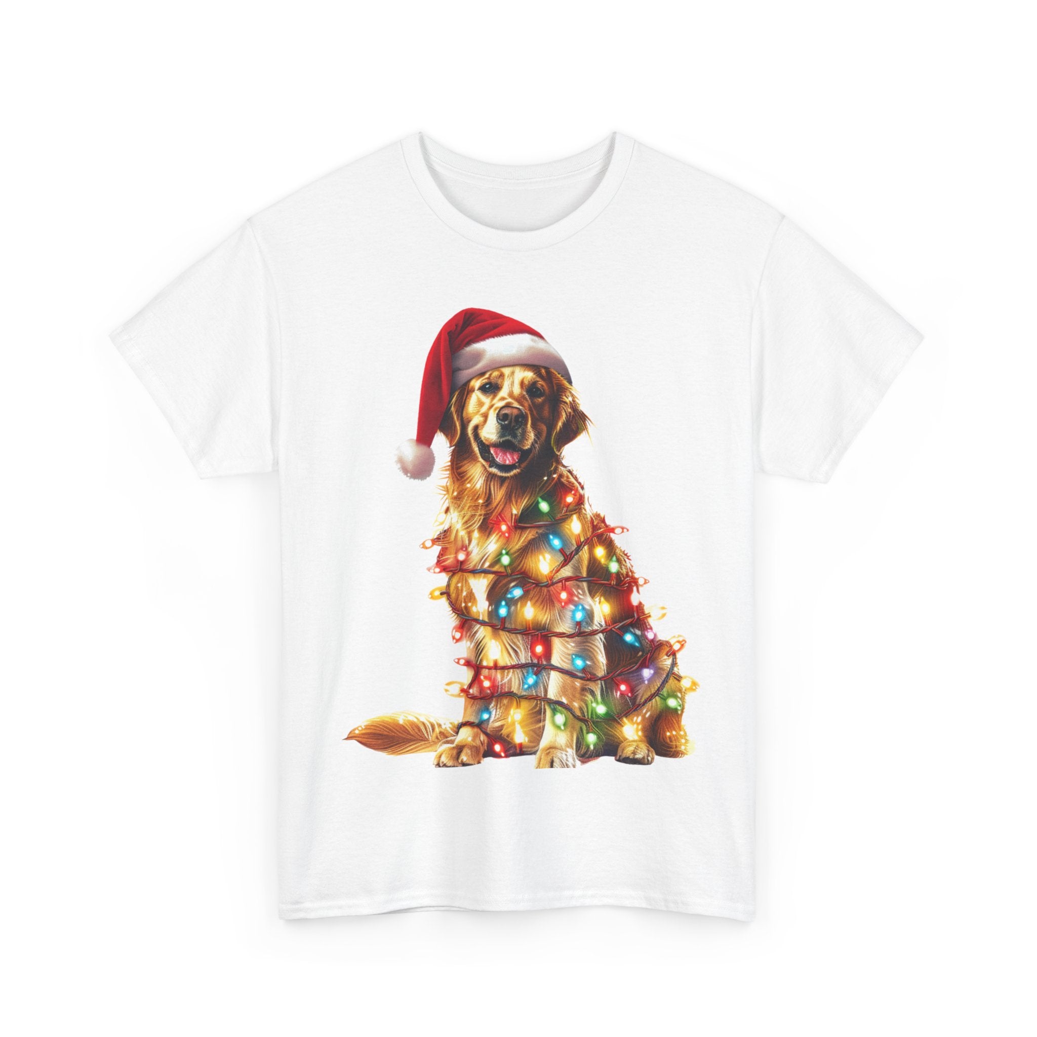 Printify T-Shirt Golden Retriever Christmas Lights Unisex Heavy Cotton Tee