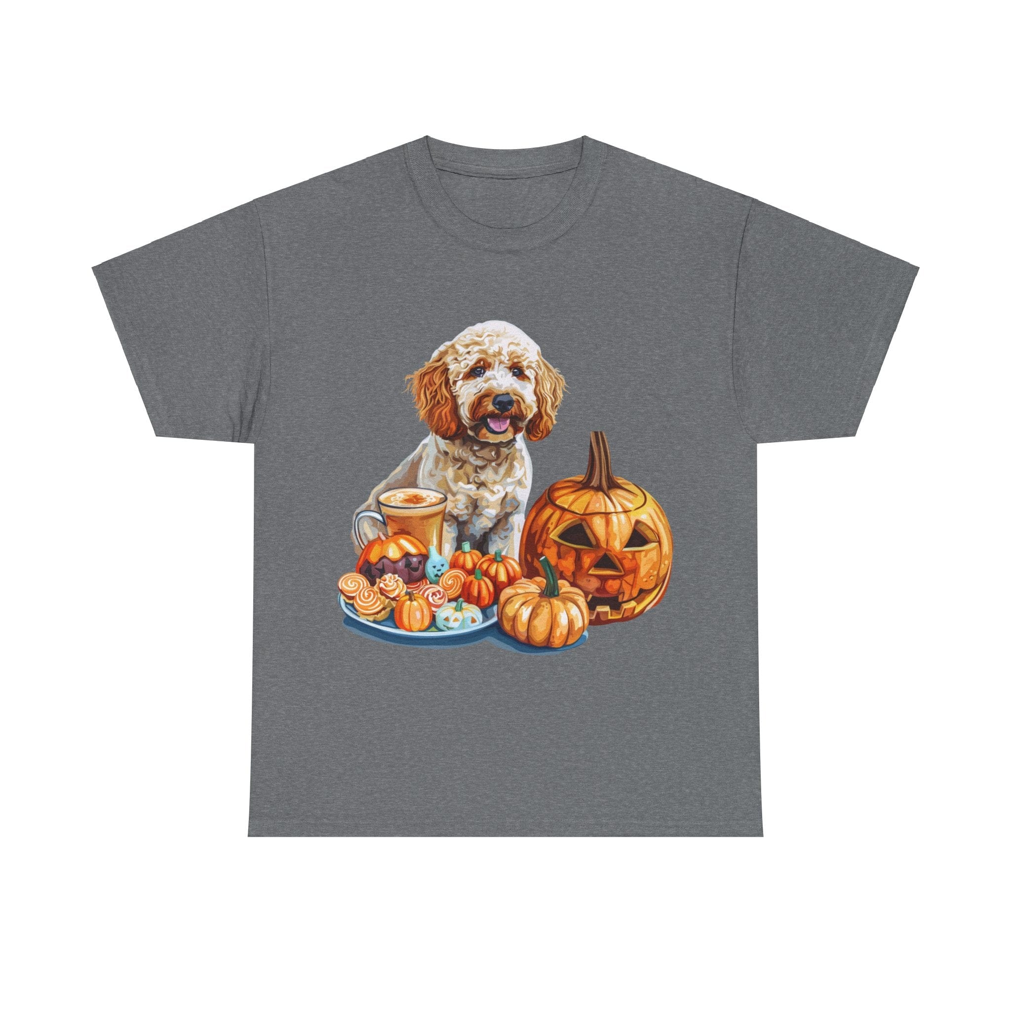 Printify T-Shirt Graphite Heather / S Adorable Cockapoo Halloween Design with Pumpkins and Festive Treats - Perfect for Dog Lovers