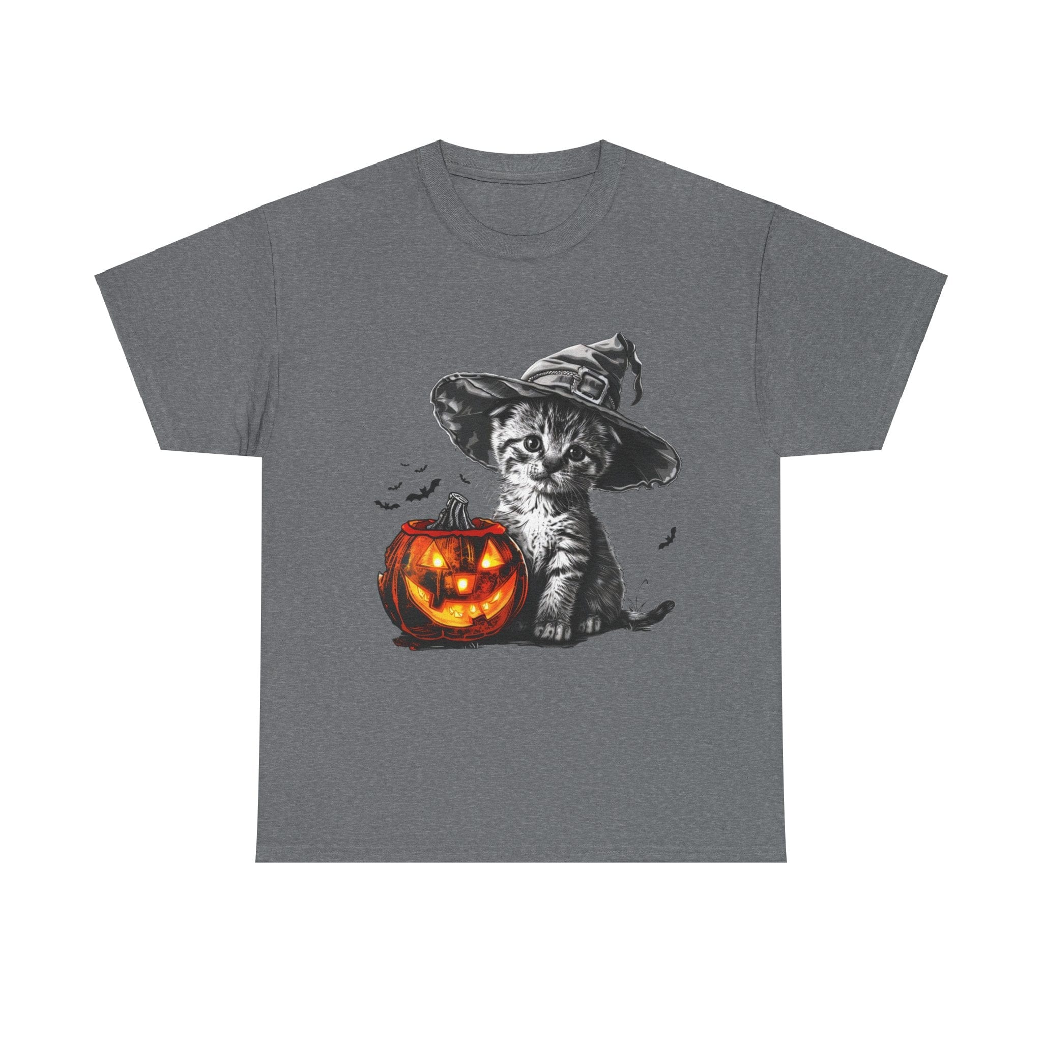 Printify T-Shirt Graphite Heather / S Adorable Kitten Witch Halloween Shirt – Spooky Pumpkin Design