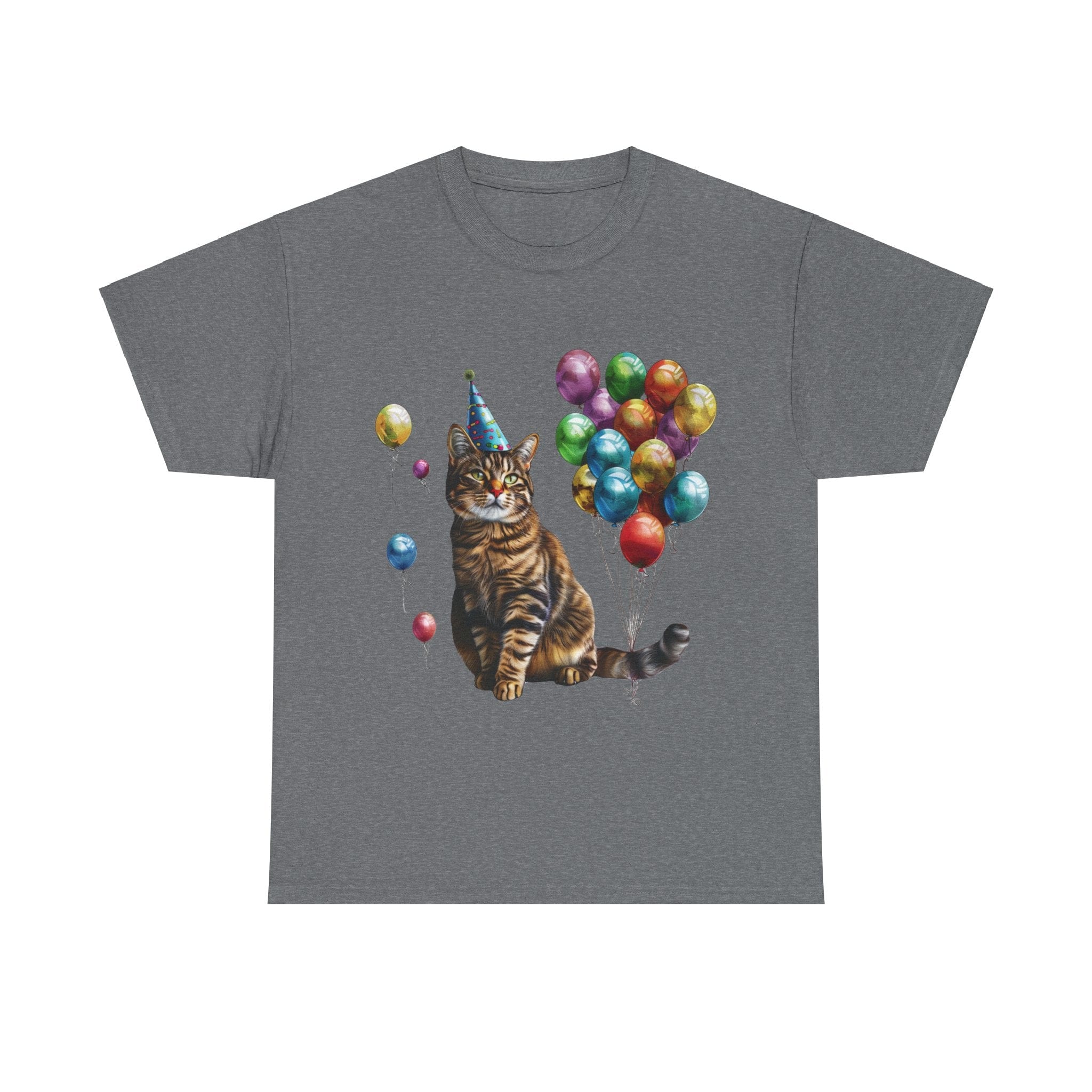 Printify T-Shirt Graphite Heather / S Birthday Cat with Balloons – Celebrate in Feline Style!