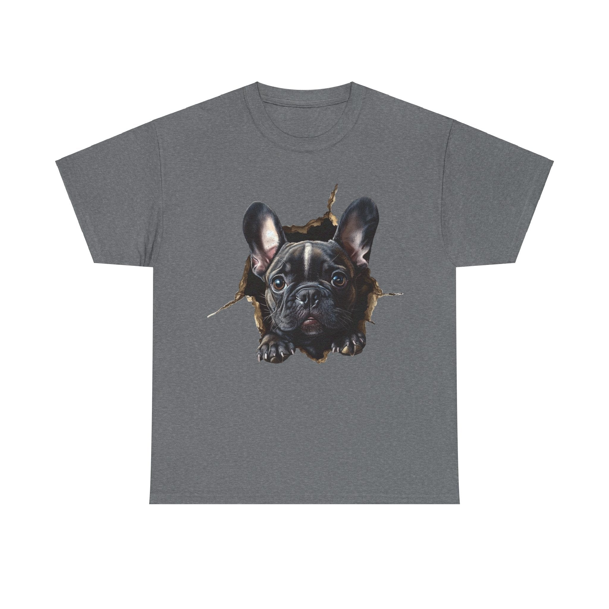 Printify T-Shirt Graphite Heather / S Black French Bulldog Peeking Unisex Heavy Cotton Tee