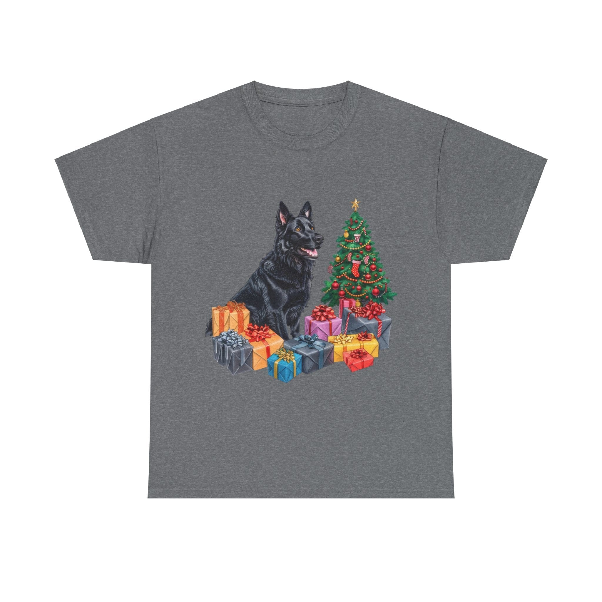 Printify T-Shirt Graphite Heather / S Christmas Black Shepherd Dog with Gifts and Tree – A Festive and Loyal Companion