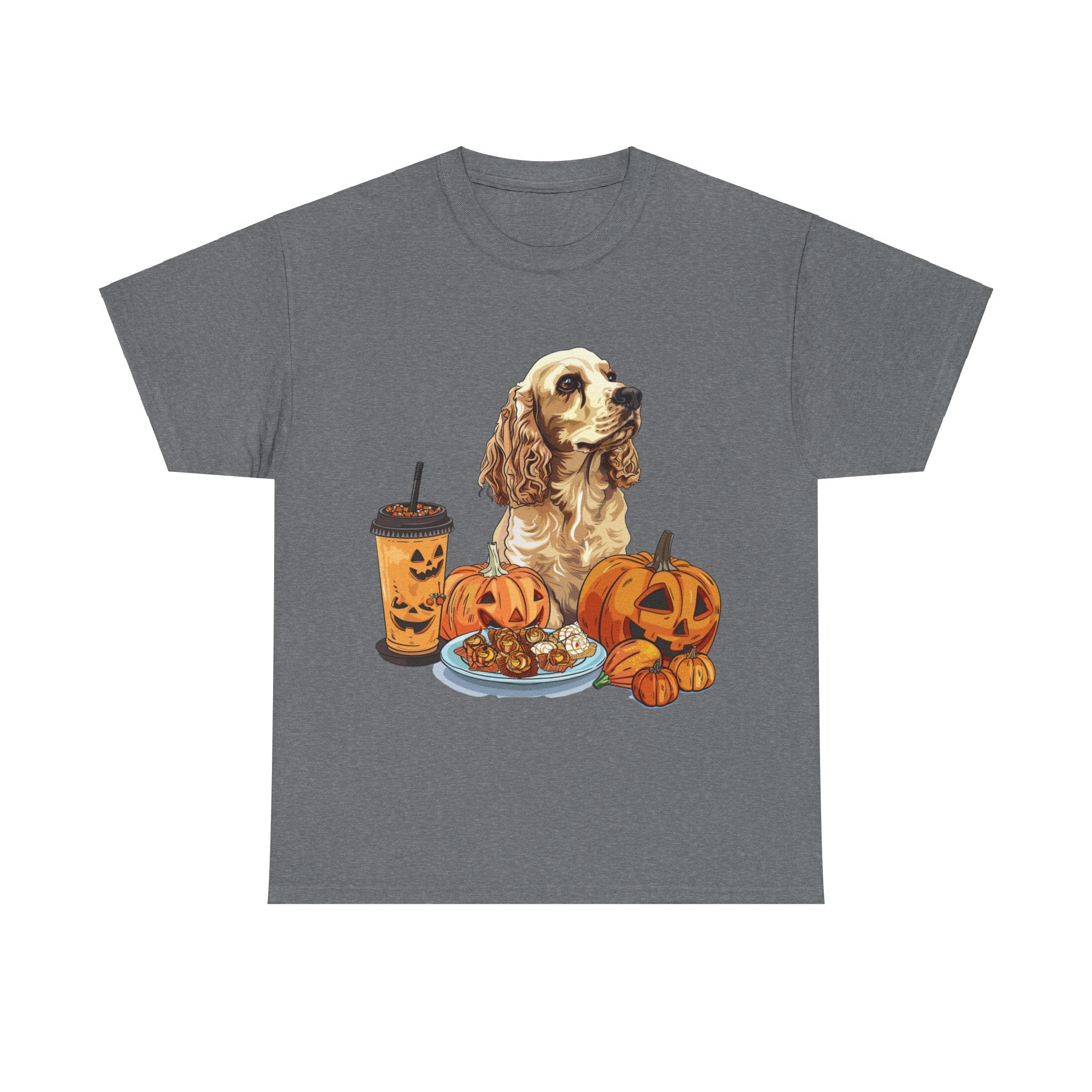 Printify T-Shirt Graphite Heather / S Cocker Spaniel Halloween Design with Pumpkins and Sweet Treats – Ideal for Dog Lovers